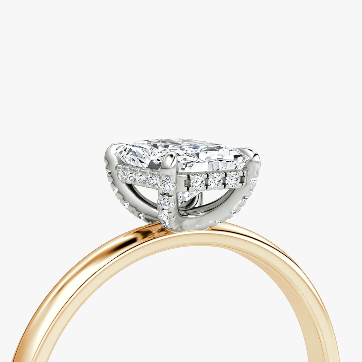 The Classic Hidden Halo | Radiant | 14k | Rose Gold and Platinum | bandAccent: Plain | bandWidth: large | prongStyle: Pavé | diamondOrientation: vertical | caratWeight: other