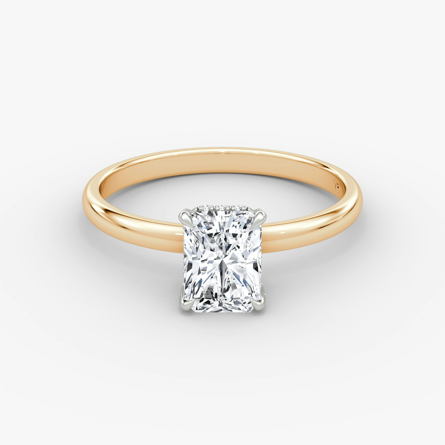 The Classic Hidden Halo | Radiant | 14k | Rose Gold and Platinum | bandAccent: Plain | bandWidth: large | prongStyle: Pavé | diamondOrientation: vertical | caratWeight: other