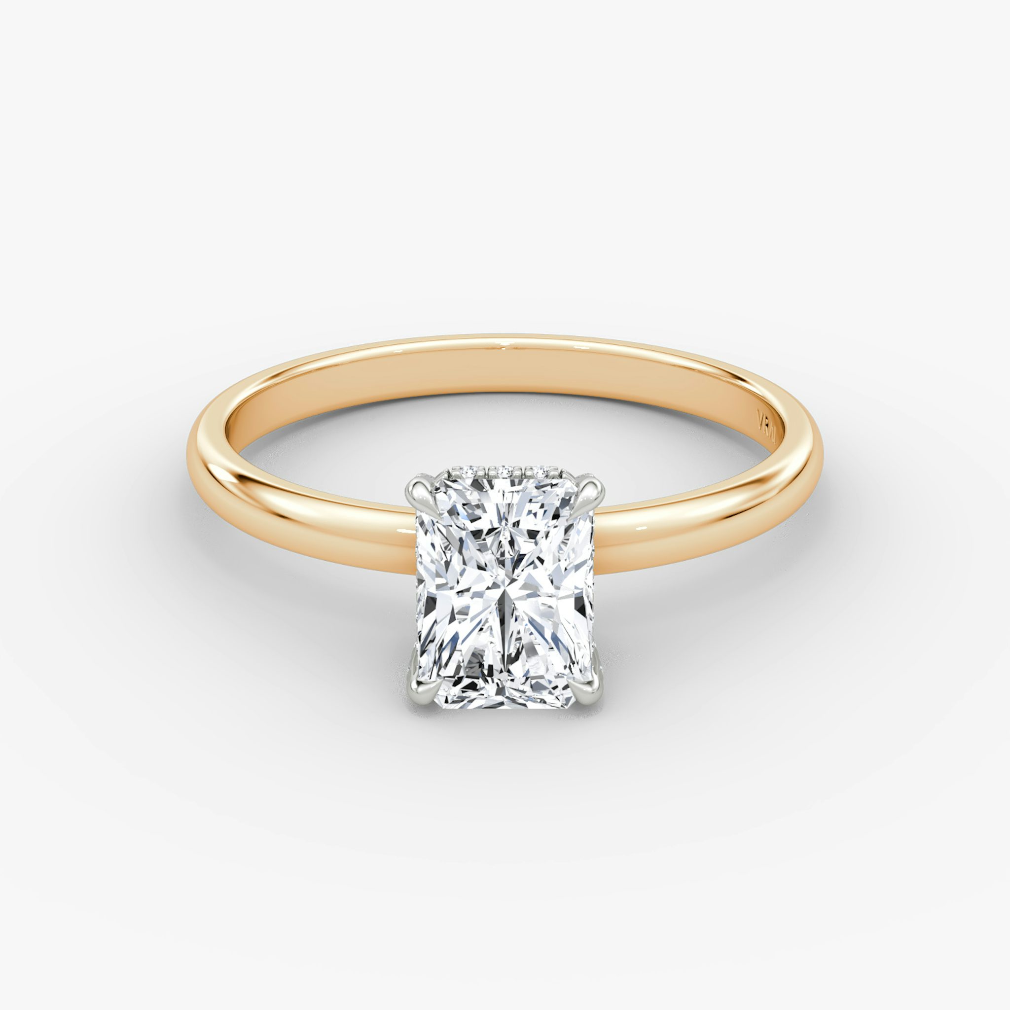 The Classic Hidden Halo | Radiant | 14k | Rose Gold and Platinum | bandAccent: Plain | bandWidth: large | prongStyle: Pavé | diamondOrientation: vertical | caratWeight: other