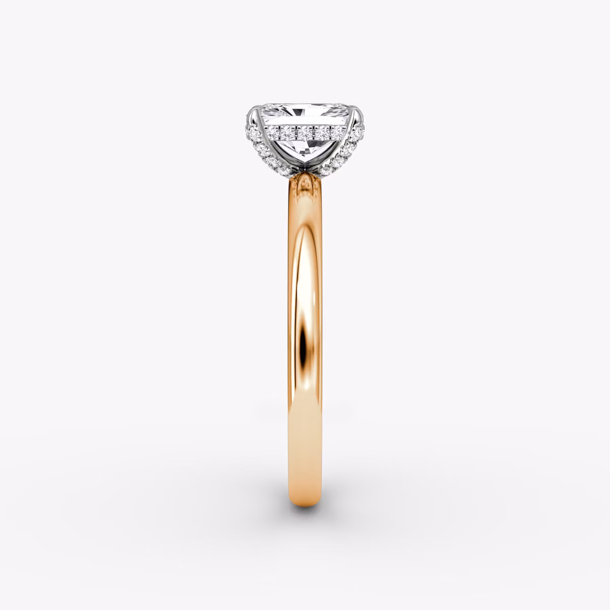 The Classic Hidden Halo | Radiant | 14k | Rose Gold and Platinum | bandAccent: Plain | bandWidth: large | prongStyle: Pavé | diamondOrientation: vertical | caratWeight: other