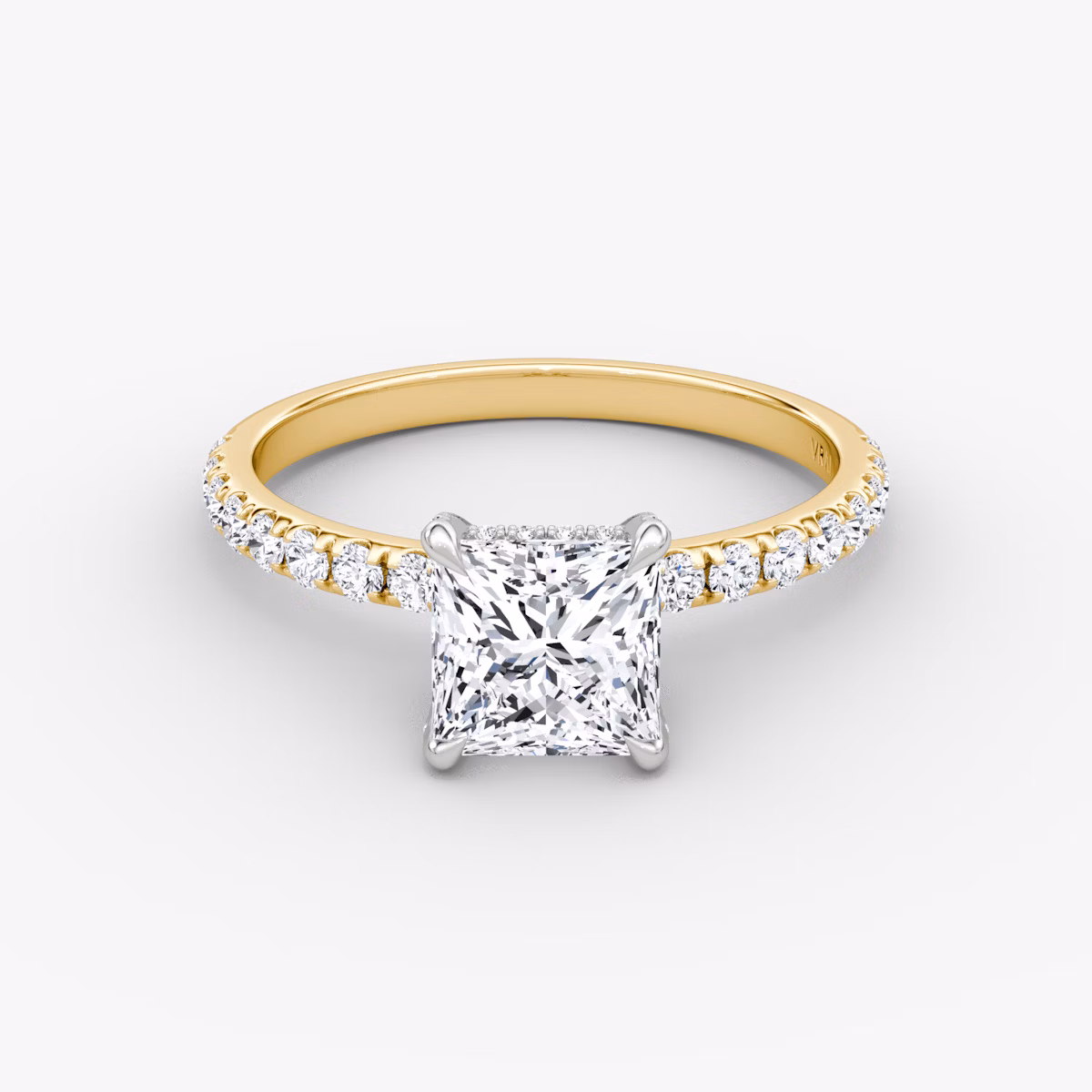 The Classic Hidden Halo | Princess | 18k | Yellow Gold and Platinum | bandAccent: Pavé | bandWidth: large | prongStyle: Pavé | diamondOrientation: vertical | caratWeight: other
