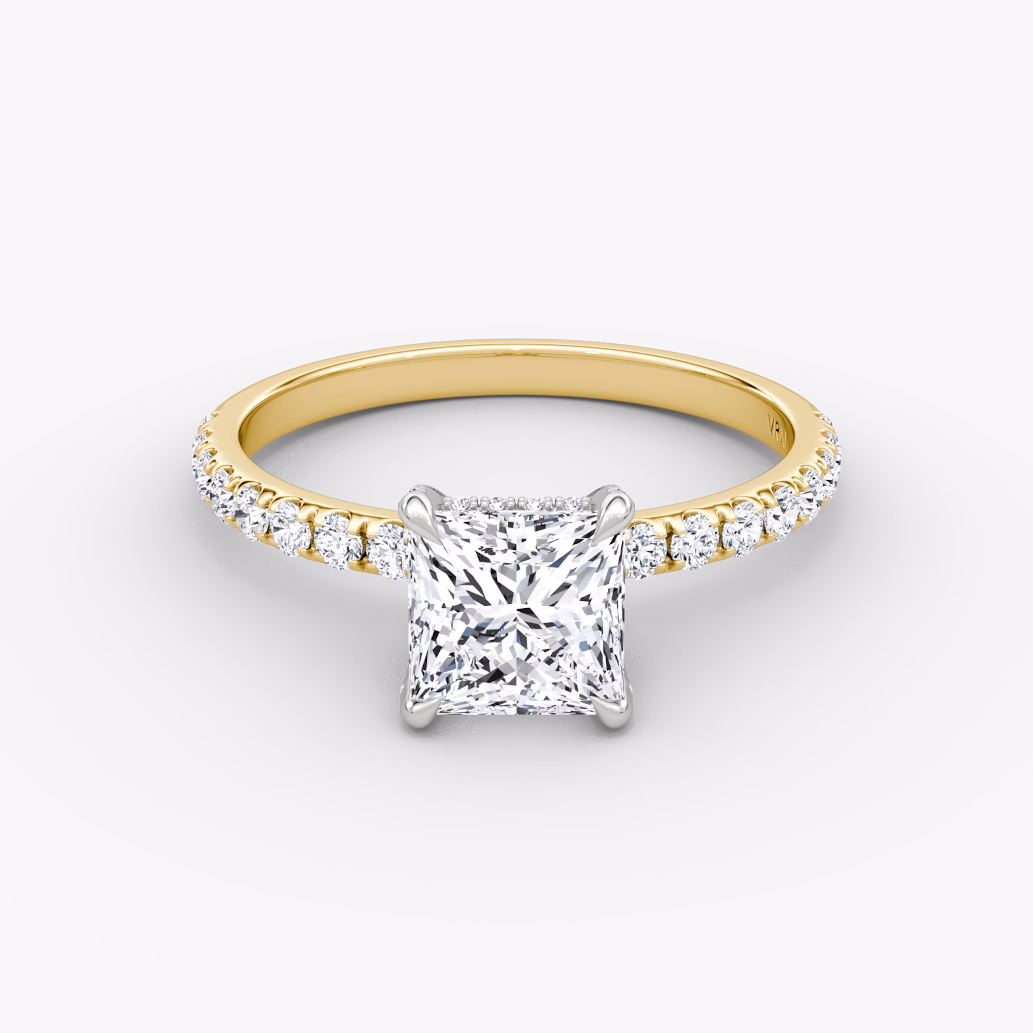 The Classic Hidden Halo | Princess | 18k | Yellow Gold and Platinum | bandAccent: Pavé | bandWidth: large | prongStyle: Pavé | diamondOrientation: vertical | caratWeight: other