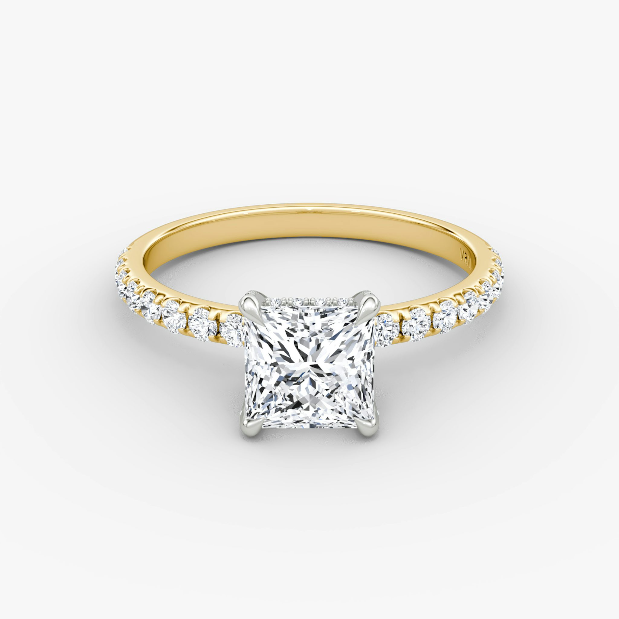The Classic Hidden Halo | Princess | 18k | Yellow Gold and Platinum | bandAccent: Pavé | bandWidth: large | prongStyle: Pavé | diamondOrientation: vertical | caratWeight: other