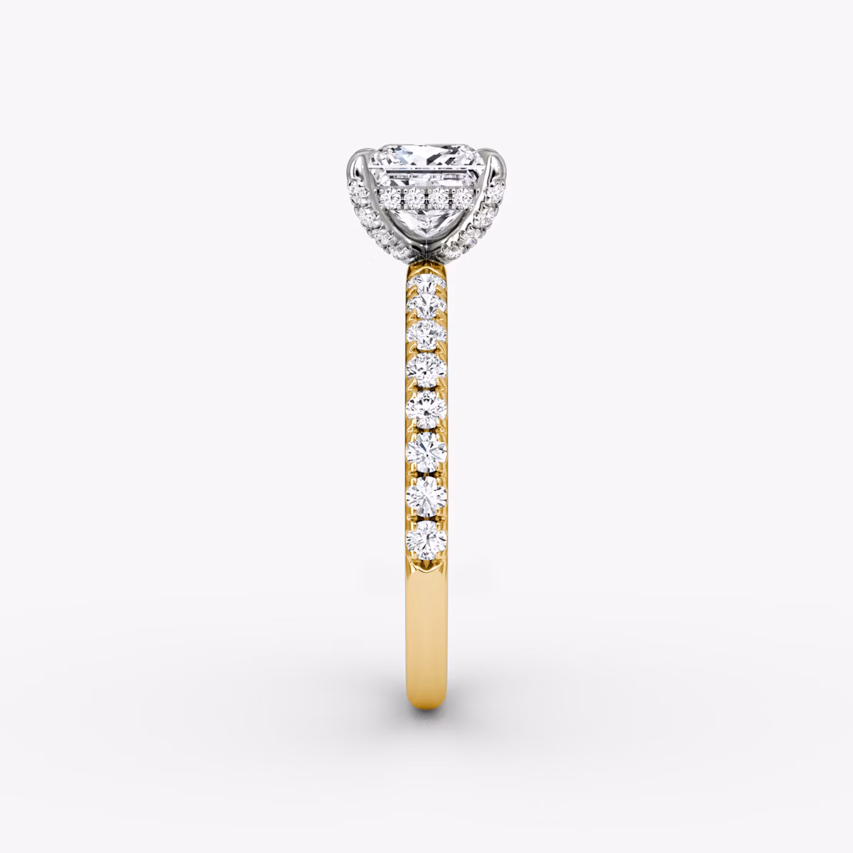 The Classic Hidden Halo | Princess | 18k | Yellow Gold and Platinum | bandAccent: Pavé | bandWidth: large | prongStyle: Pavé | diamondOrientation: vertical | caratWeight: other