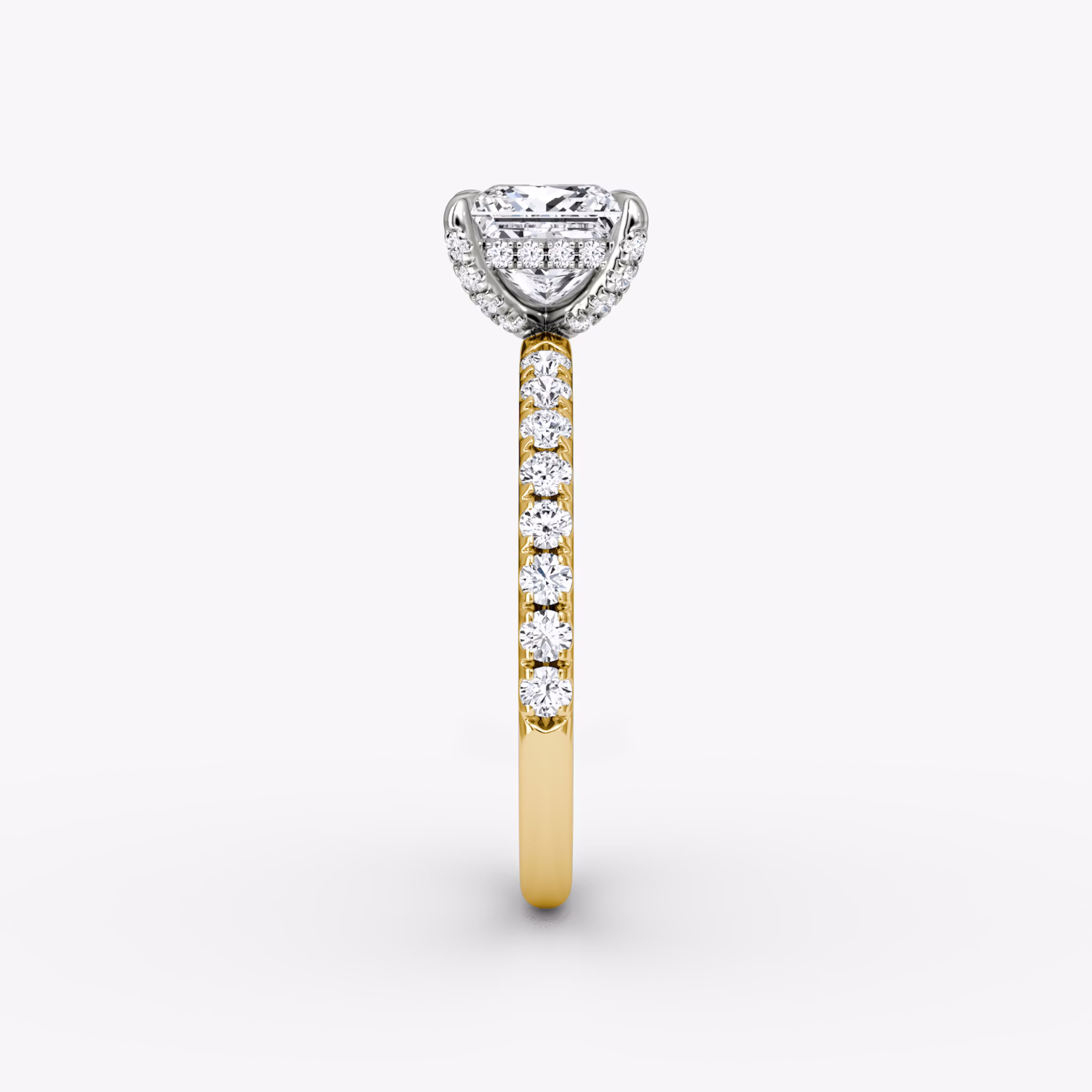The Classic Hidden Halo | Princess | 18k | Yellow Gold and Platinum | bandAccent: Pavé | bandWidth: large | prongStyle: Pavé | diamondOrientation: vertical | caratWeight: other