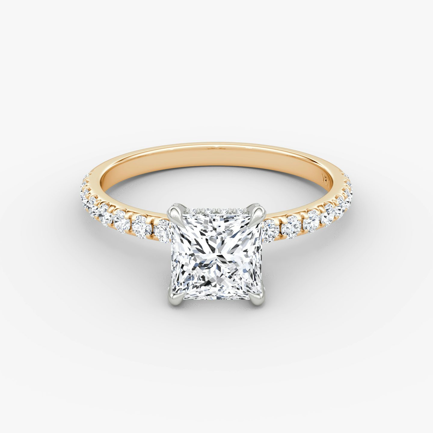 The Classic Hidden Halo | Princess | 14k | Rose Gold and Platinum | bandAccent: Pavé | bandWidth: large | prongStyle: Pavé | diamondOrientation: vertical | caratWeight: other