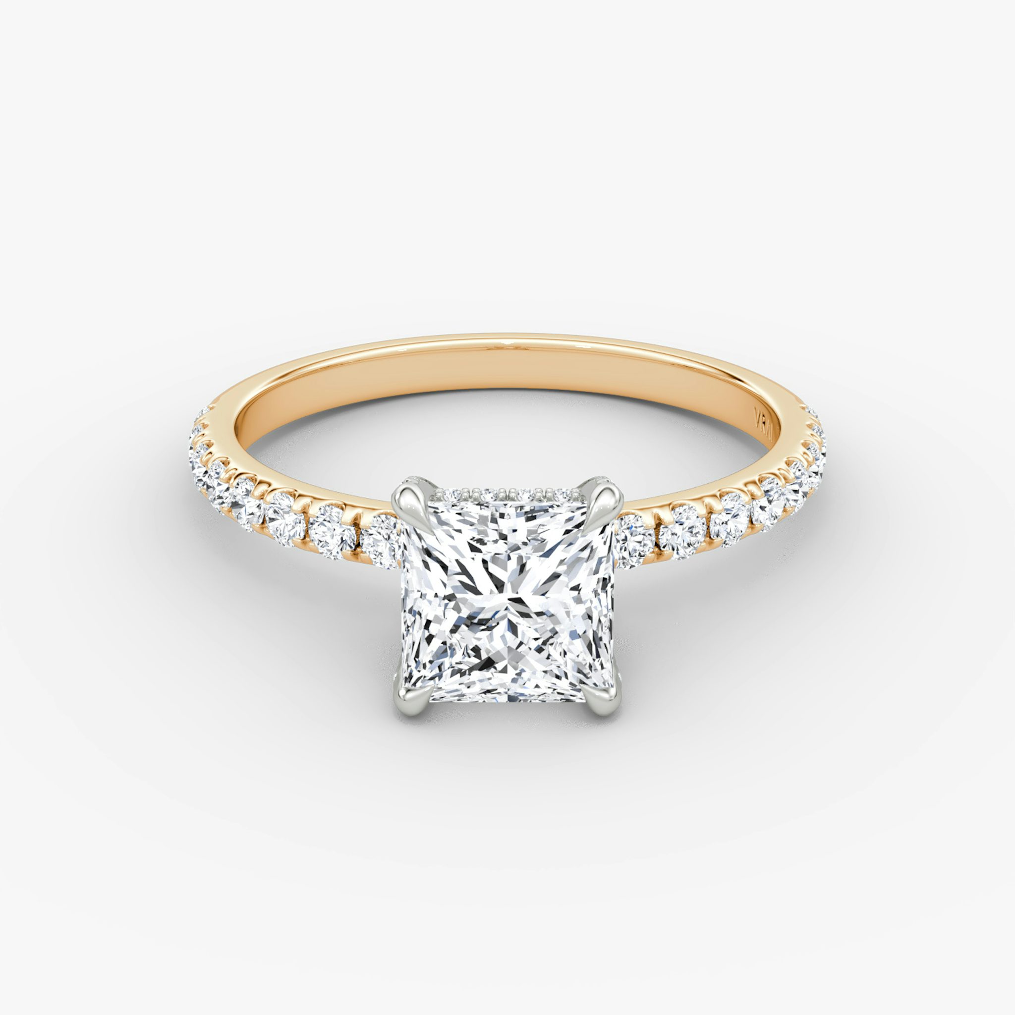 The Classic Hidden Halo | Princess | 14k | Rose Gold and Platinum | bandAccent: Pavé | bandWidth: large | prongStyle: Pavé | diamondOrientation: vertical | caratWeight: other
