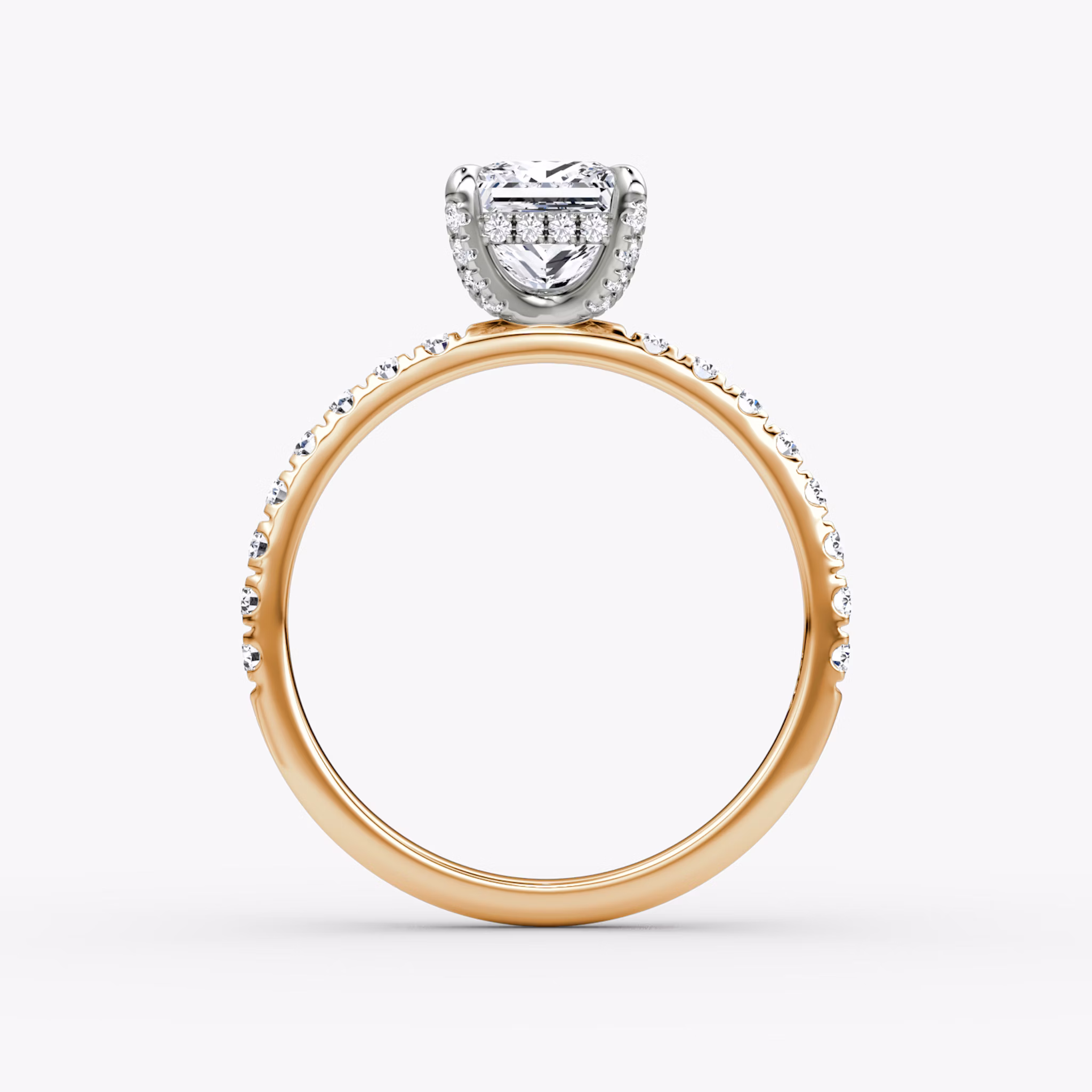 The Classic Hidden Halo | Princess | 14k | Rose Gold and Platinum | bandAccent: Pavé | bandWidth: large | prongStyle: Pavé | diamondOrientation: vertical | caratWeight: other
