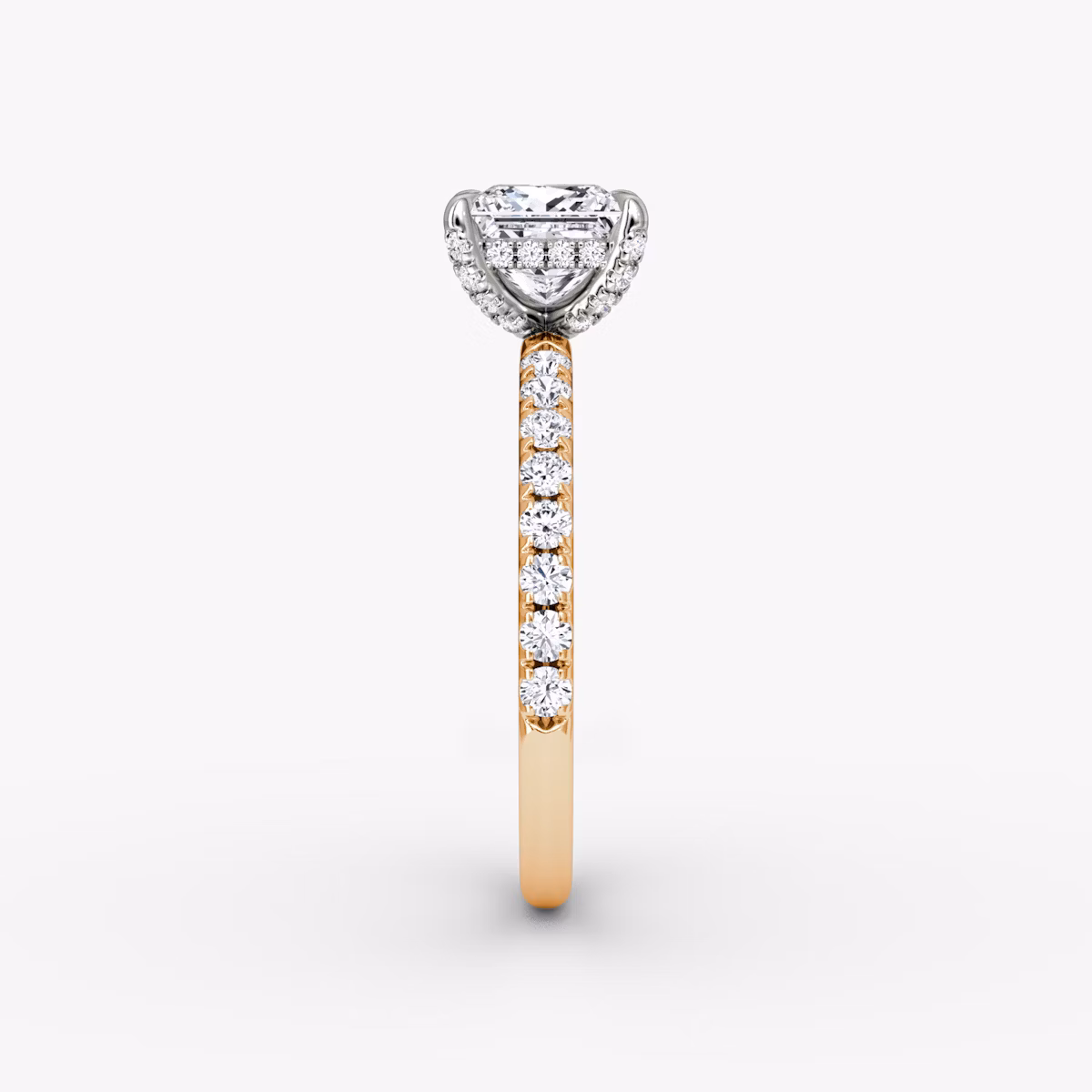 The Classic Hidden Halo | Princess | 14k | Rose Gold and Platinum | bandAccent: Pavé | bandWidth: large | prongStyle: Pavé | diamondOrientation: vertical | caratWeight: other