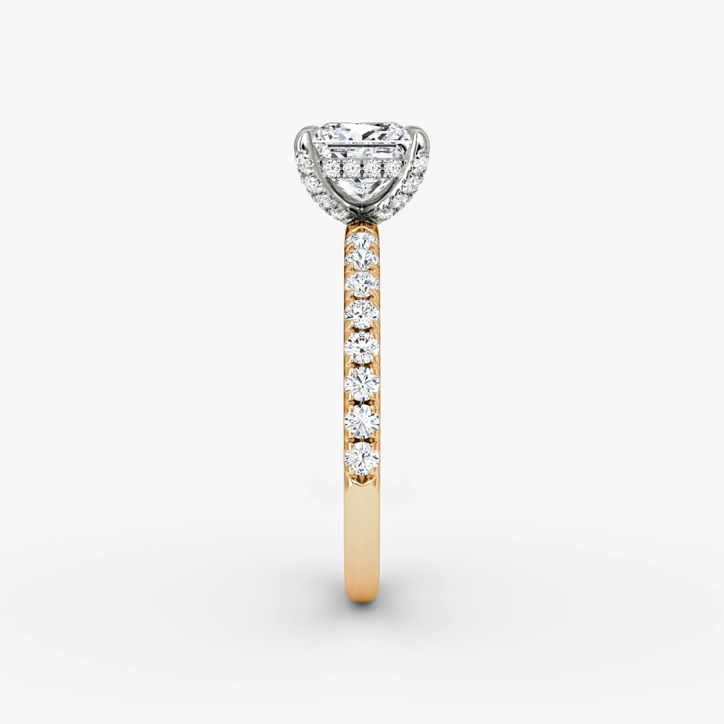 The Classic Hidden Halo | Princess | 14k | Rose Gold and Platinum | bandAccent: Pavé | bandWidth: large | prongStyle: Pavé | diamondOrientation: vertical | caratWeight: other
