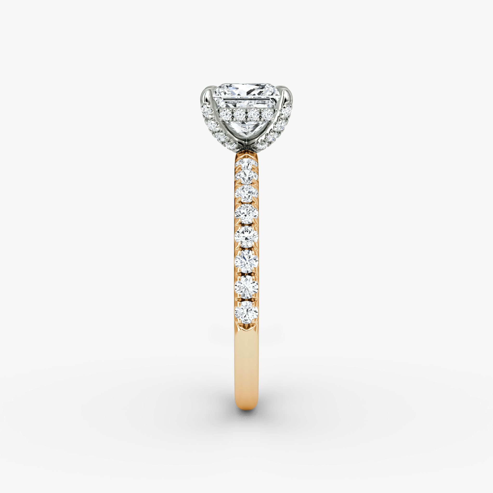 The Classic Hidden Halo | Princess | 14k | Rose Gold and Platinum | bandAccent: Pavé | bandWidth: large | prongStyle: Pavé | diamondOrientation: vertical | caratWeight: other