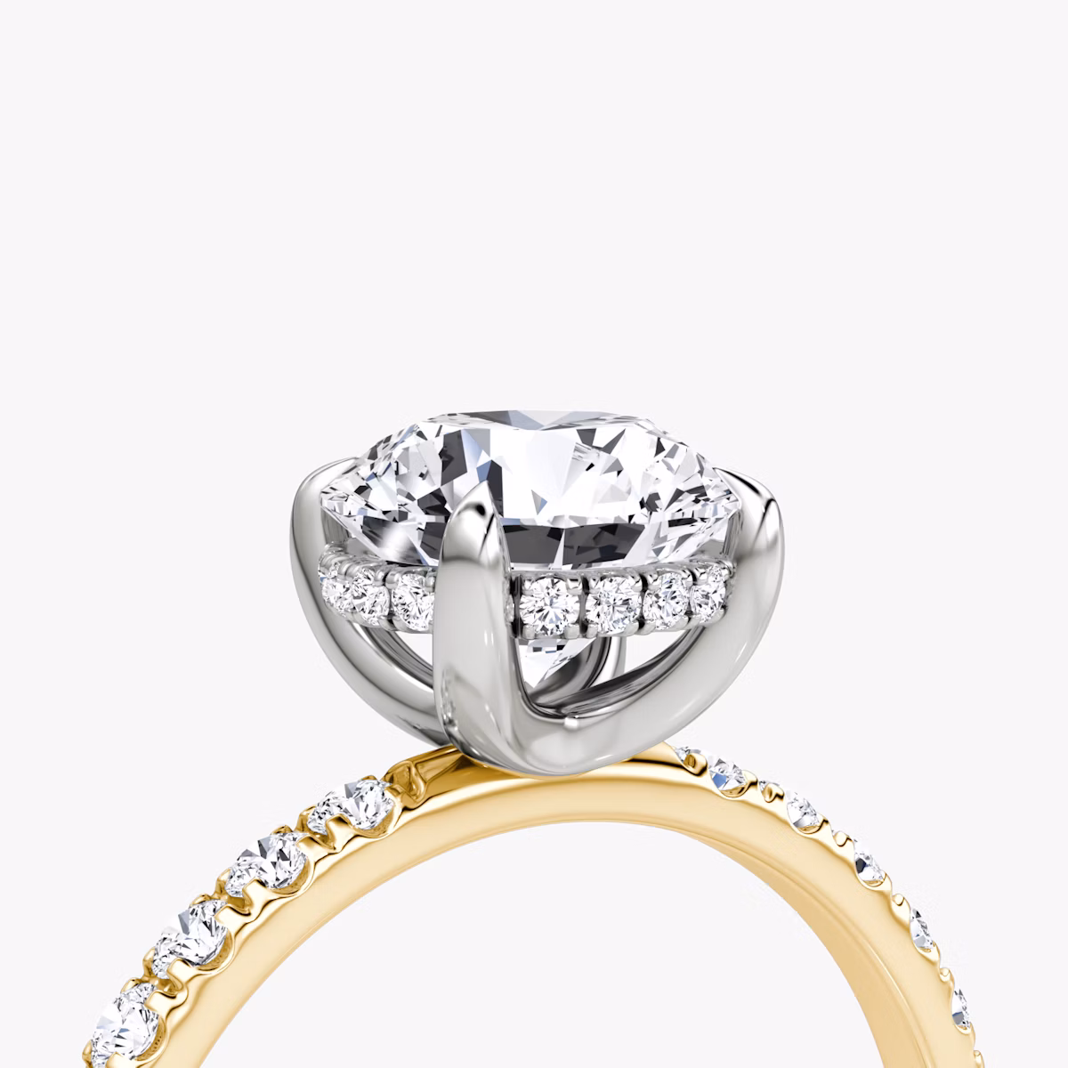 The Classic Hidden Halo | Round Brilliant | 18k | Yellow Gold and Platinum | bandAccent: Pavé | bandWidth: large | caratWeight: 1.5ct | prongStyle: Plain | diamondOrientation: vertical