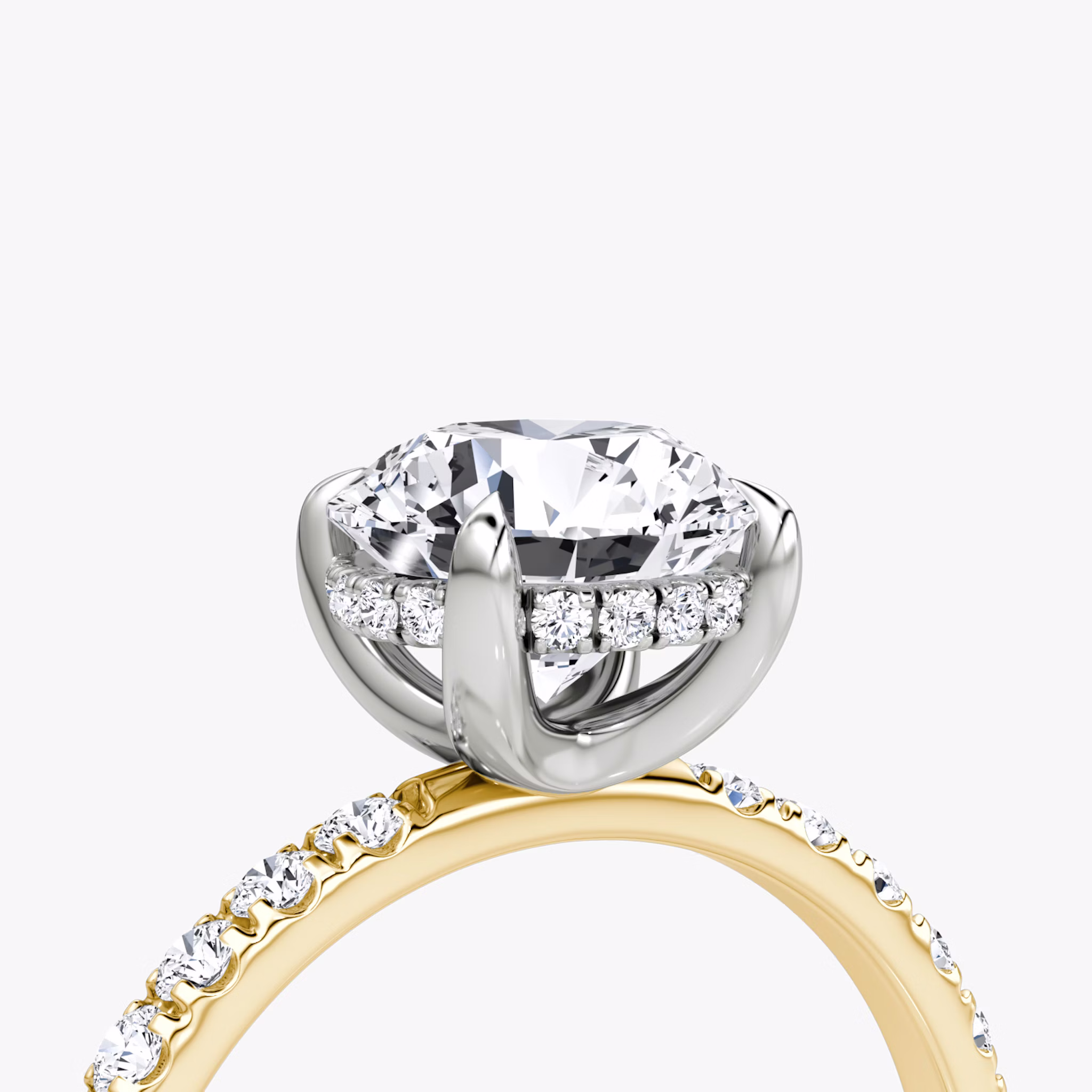 The Classic Hidden Halo | Round Brilliant | 18k | Yellow Gold and Platinum | bandAccent: Pavé | bandWidth: large | caratWeight: 2.0ct | prongStyle: Plain | diamondOrientation: vertical