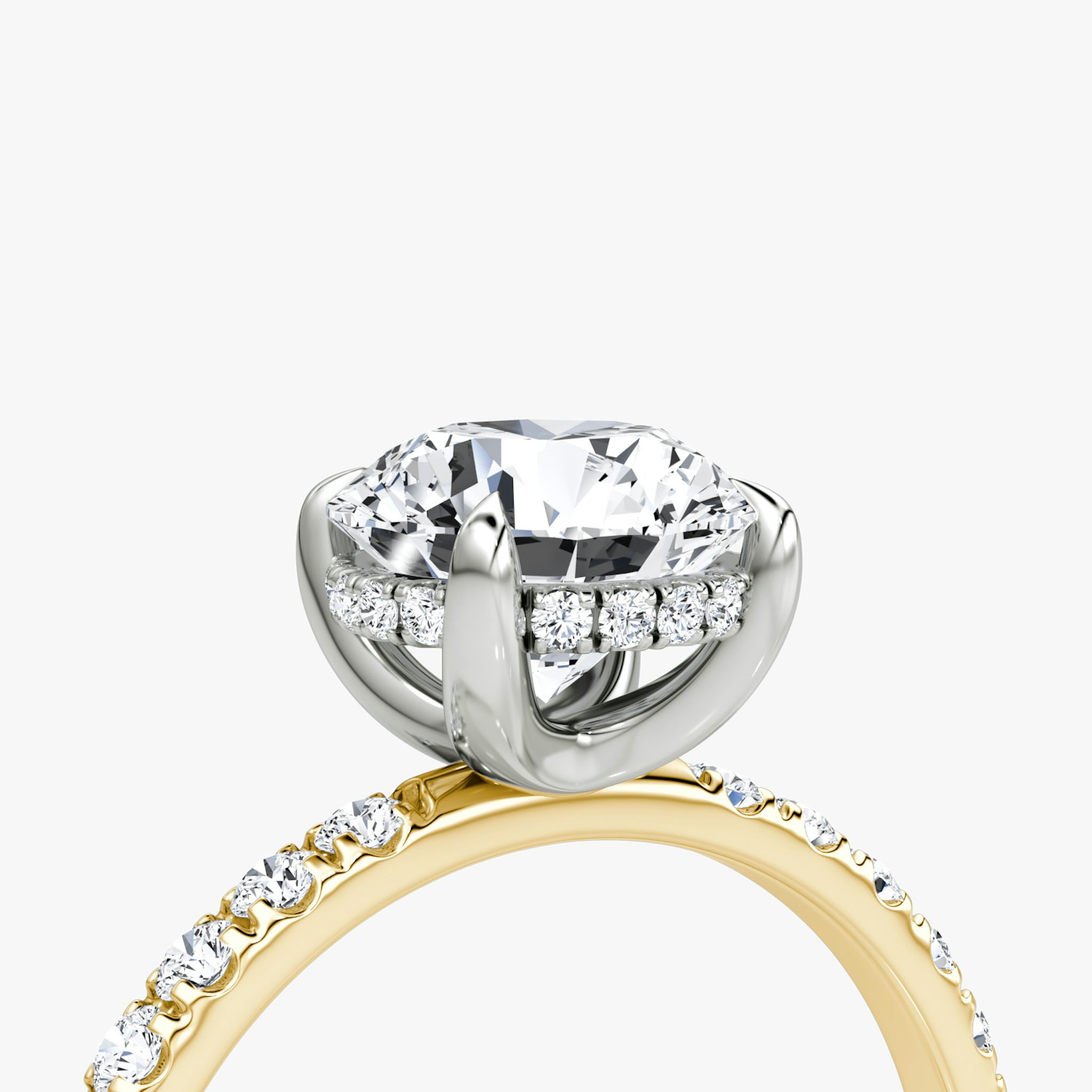 The Classic Hidden Halo | Round Brilliant | 18k | Yellow Gold and Platinum | bandAccent: Pavé | bandWidth: large | caratWeight: 2.0ct | prongStyle: Plain | diamondOrientation: vertical