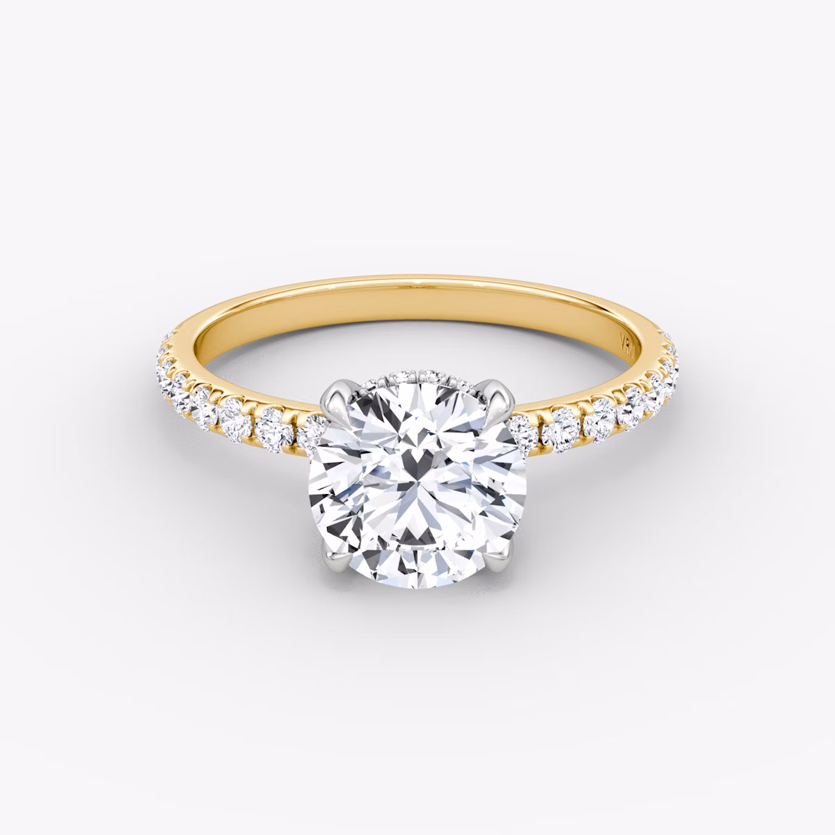 The Classic Hidden Halo | Round Brilliant | 18k | Yellow Gold and Platinum | bandAccent: Pavé | bandWidth: large | caratWeight: 1.5ct | prongStyle: Plain | diamondOrientation: vertical