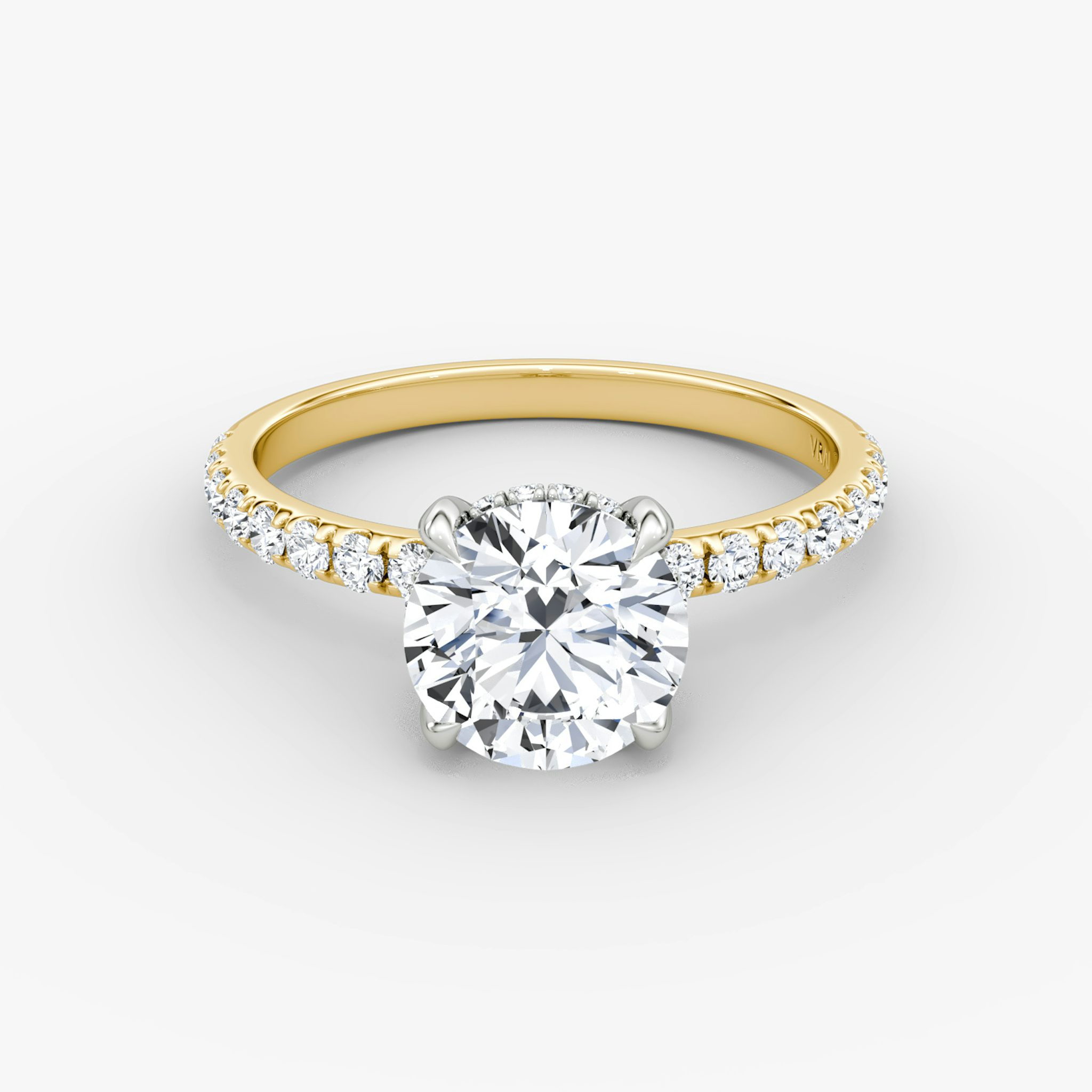 The Classic Hidden Halo | Round Brilliant | 18k | Yellow Gold and Platinum | bandAccent: Pavé | bandWidth: large | caratWeight: 2.0ct | prongStyle: Plain | diamondOrientation: vertical