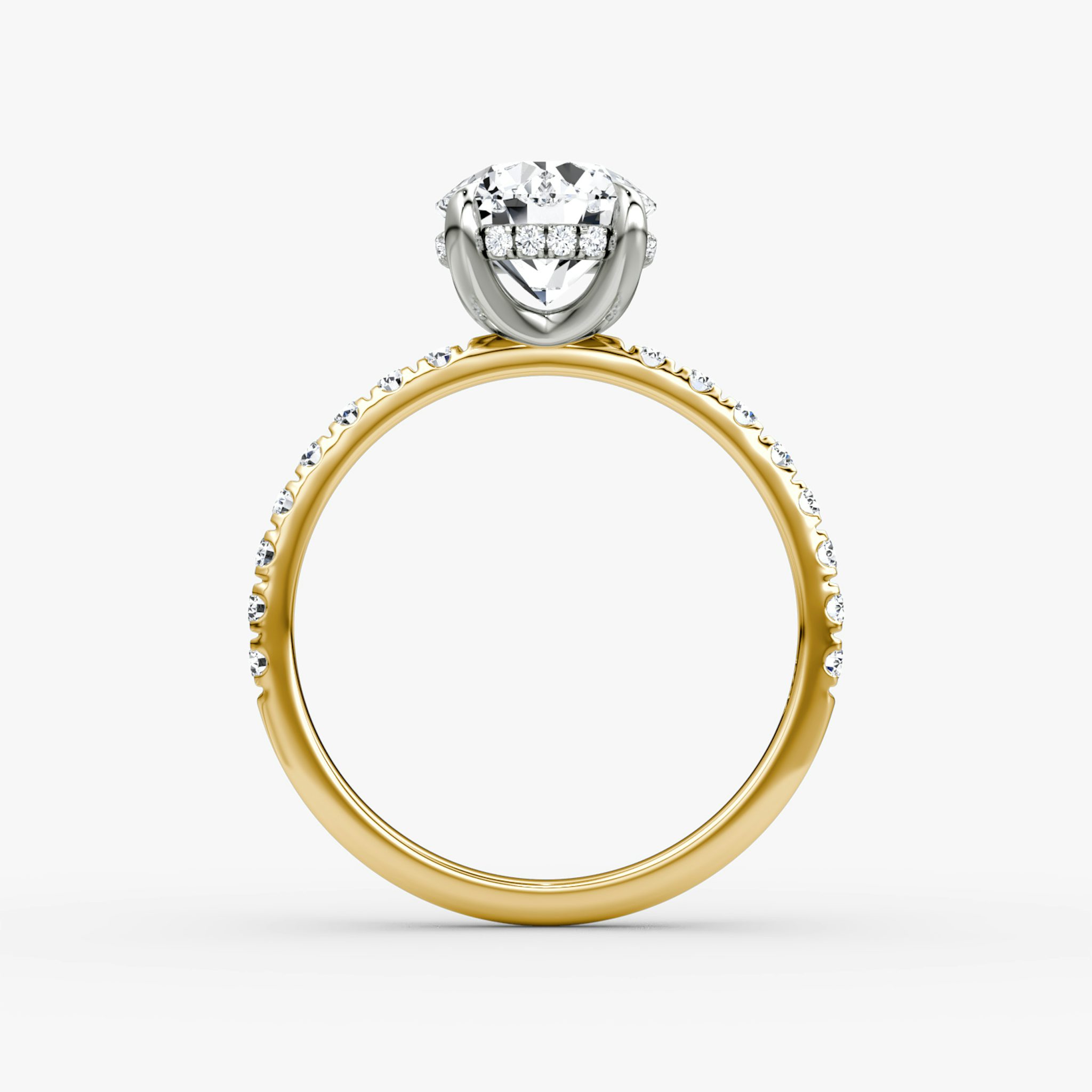 The Classic Hidden Halo | Round Brilliant | 18k | Yellow Gold and Platinum | bandAccent: Pavé | bandWidth: large | caratWeight: 2.0ct | prongStyle: Plain | diamondOrientation: vertical