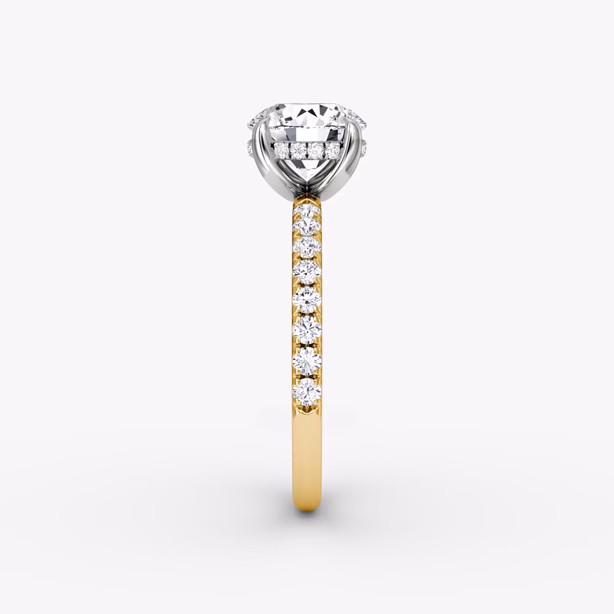 The Classic Hidden Halo | Round Brilliant | 18k | Yellow Gold and Platinum | bandAccent: Pavé | bandWidth: large | caratWeight: 1.5ct | prongStyle: Plain | diamondOrientation: vertical