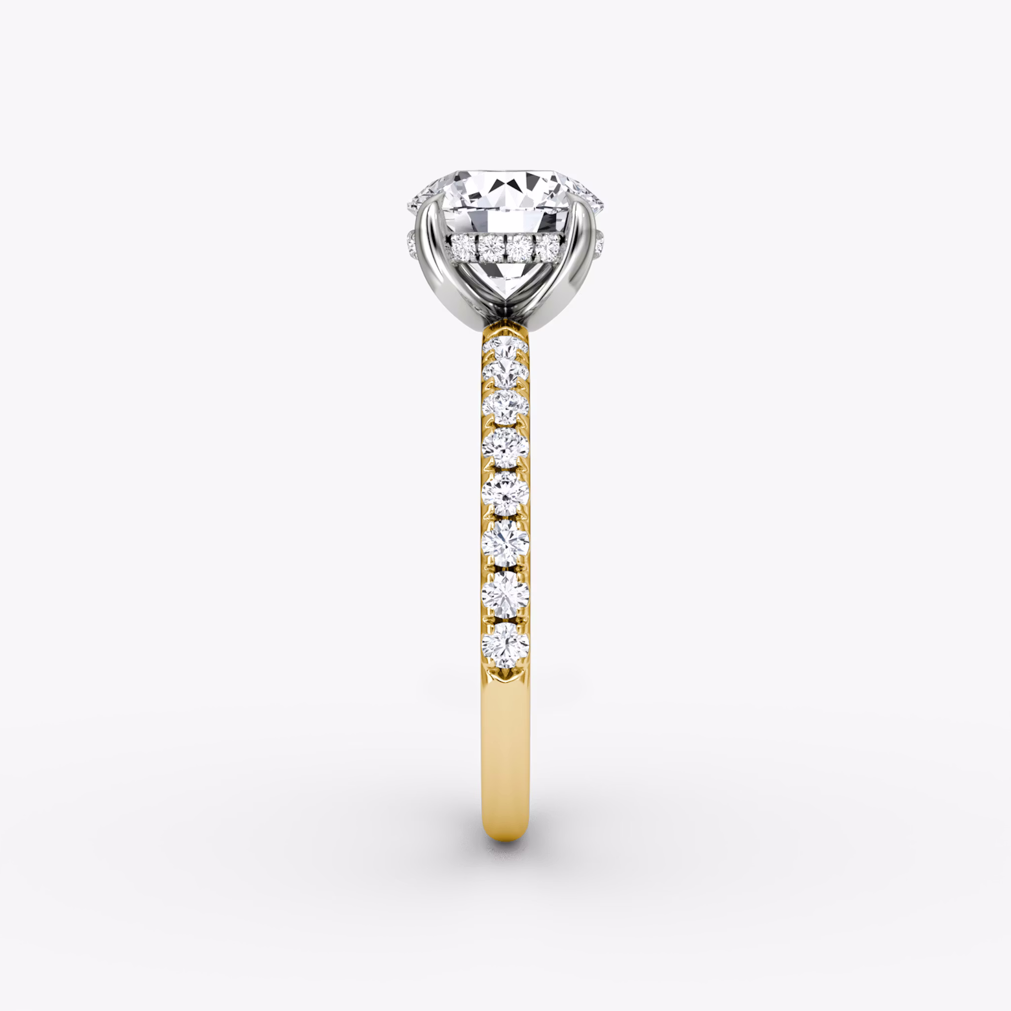 The Classic Hidden Halo | Round Brilliant | 18k | Yellow Gold and Platinum | bandAccent: Pavé | bandWidth: large | caratWeight: 2.0ct | prongStyle: Plain | diamondOrientation: vertical