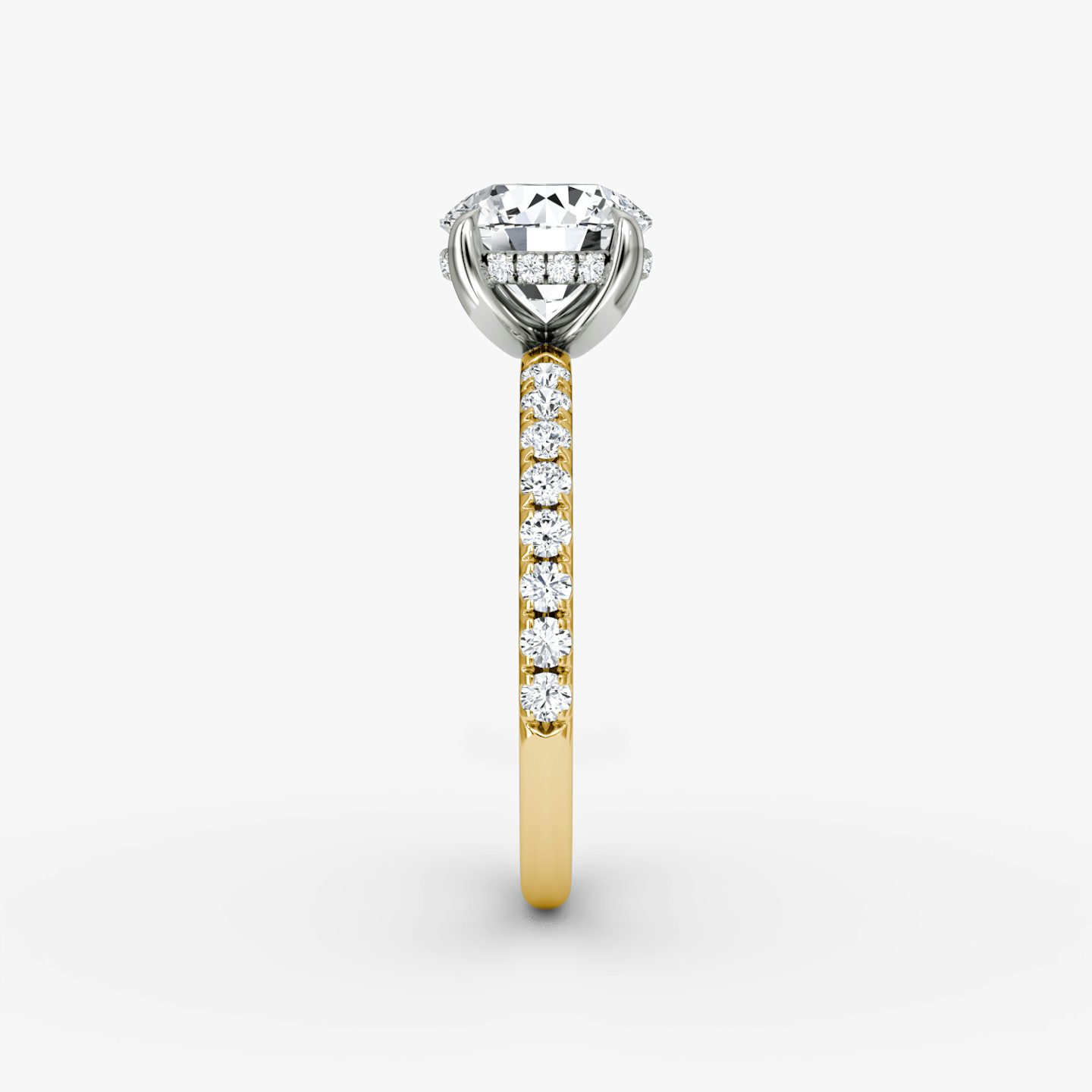 The Classic Hidden Halo | Round Brilliant | 18k | Yellow Gold | bandAccent: Pavé | bandWidth: large | caratWeight: 1.0ct | prongStyle: Plain | diamondOrientation: vertical