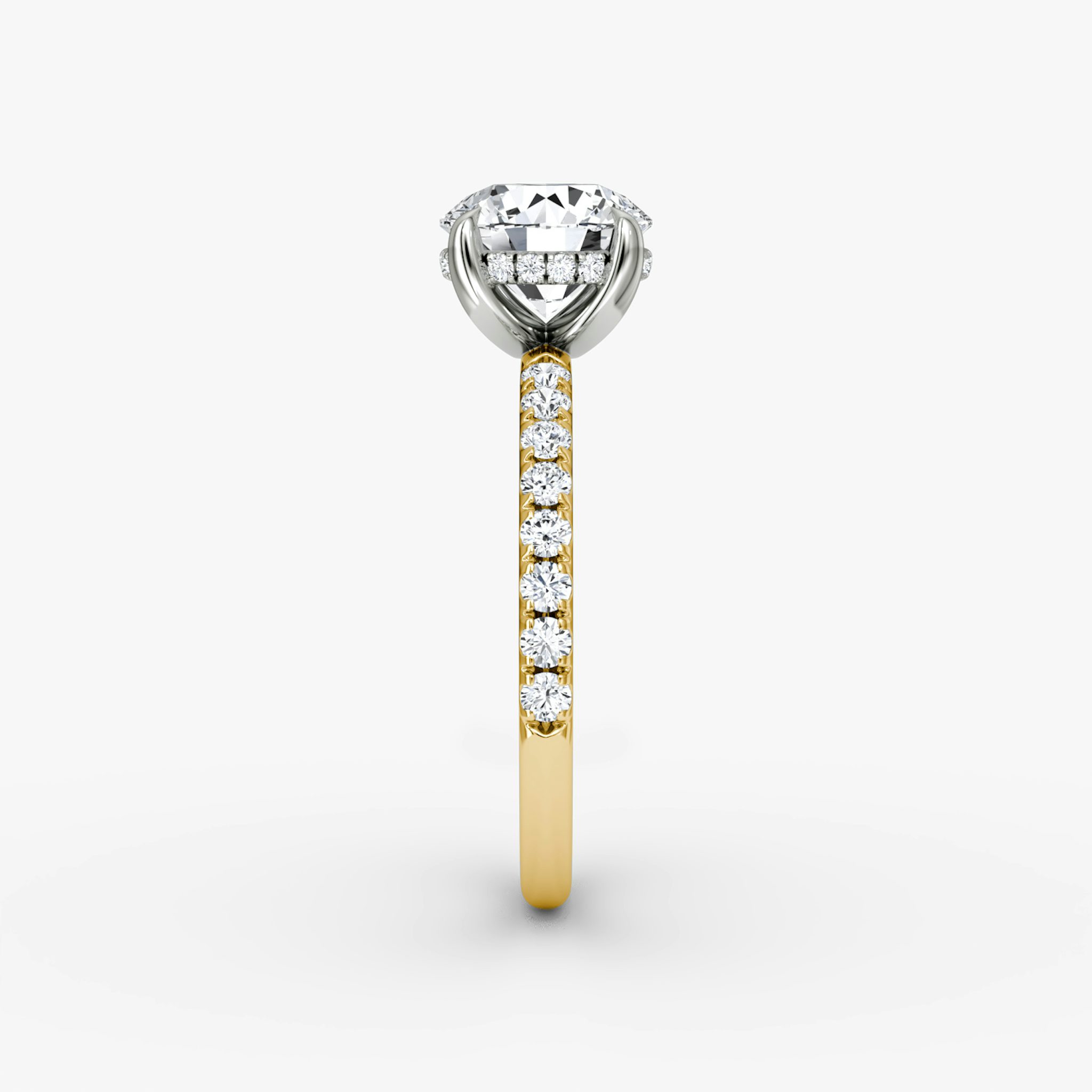 The Classic Hidden Halo | Round Brilliant | 18k | Yellow Gold and Platinum | bandAccent: Pavé | bandWidth: large | caratWeight: 2.0ct | prongStyle: Plain | diamondOrientation: vertical