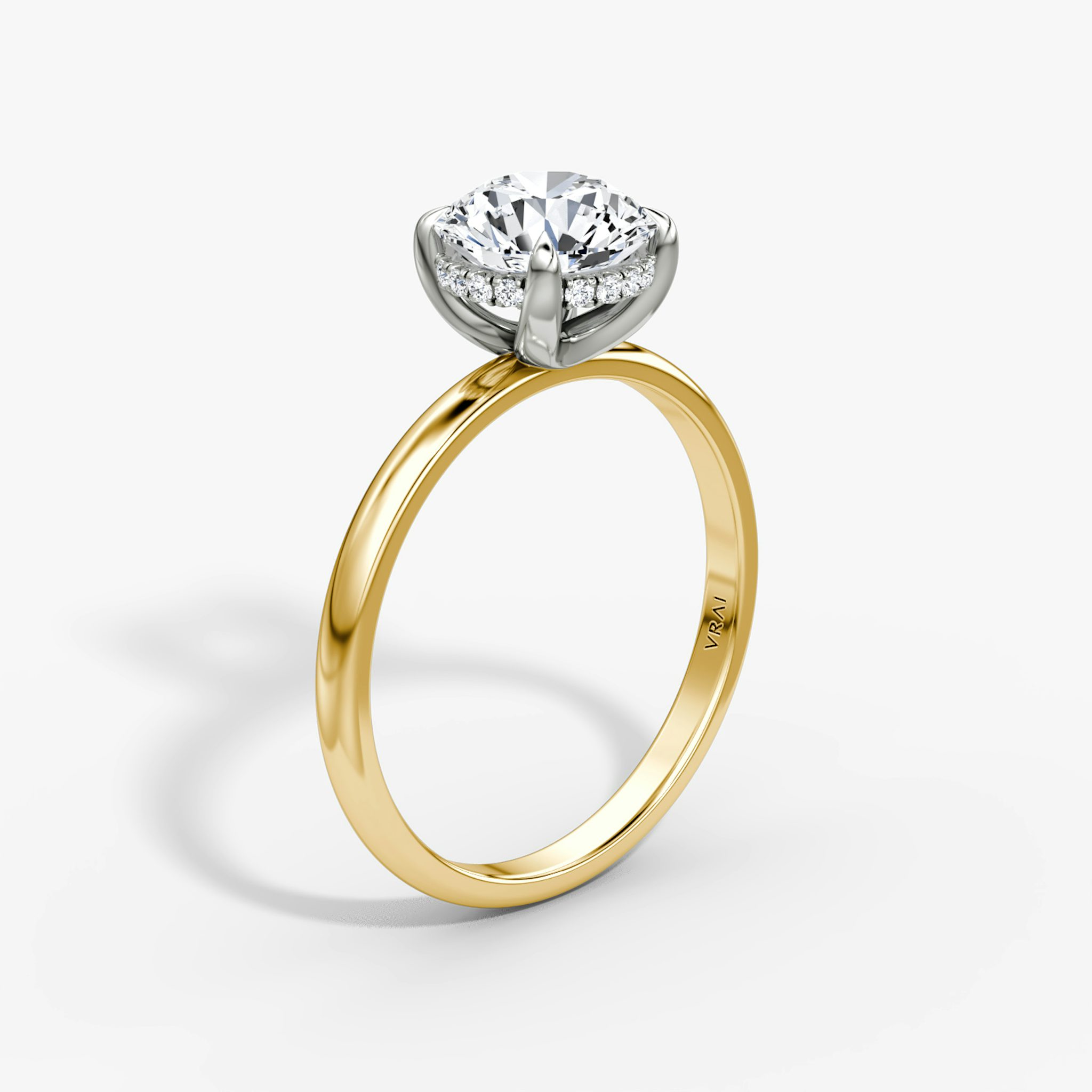 The Classic Hidden Halo | Round Brilliant | 18k | Yellow Gold and Platinum | bandAccent: Plain | bandWidth: large | caratWeight: 1.0ct | prongStyle: Plain | diamondOrientation: vertical