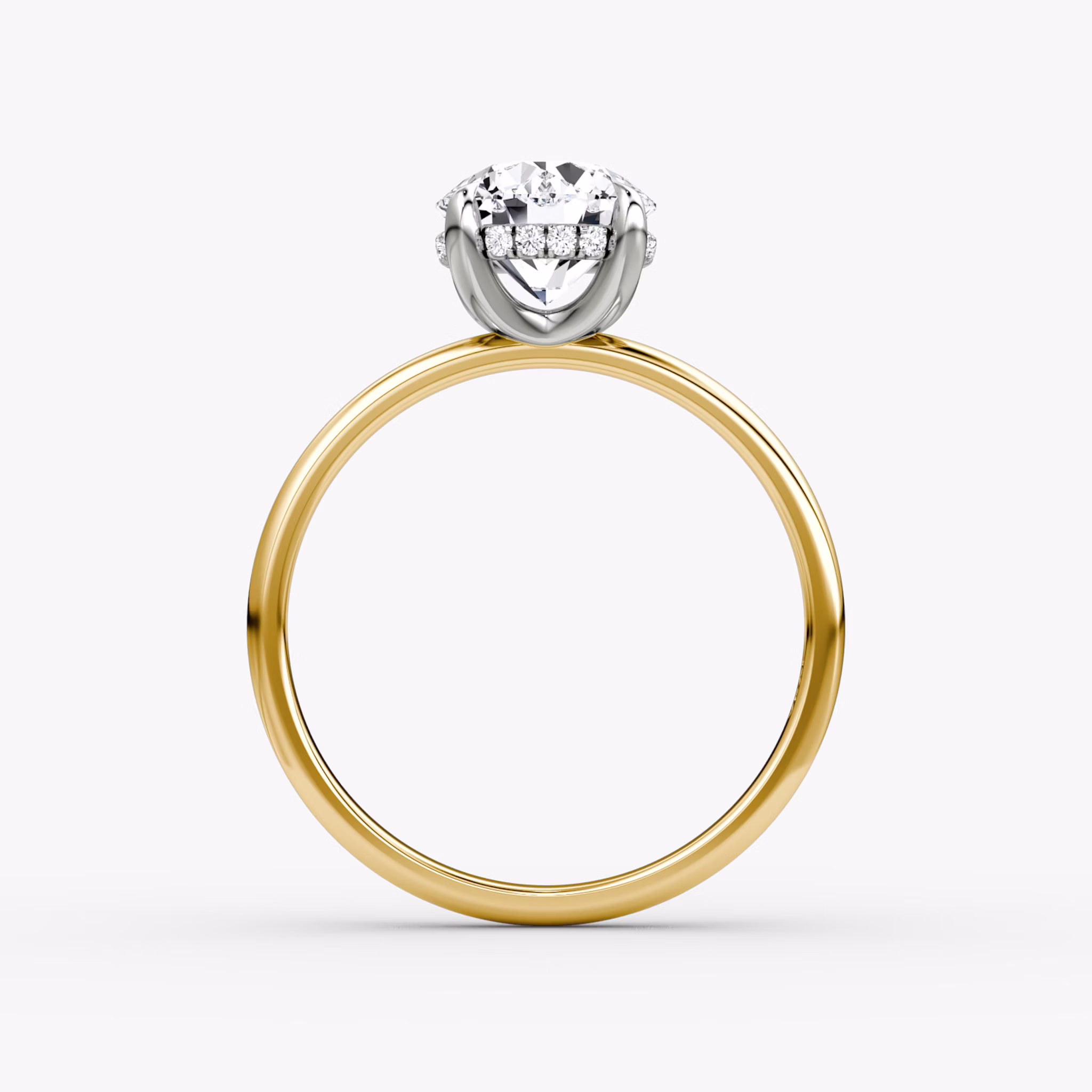The Classic Hidden Halo | Round Brilliant | 18k | Yellow Gold and Platinum | bandAccent: Plain | bandWidth: large | caratWeight: 1.0ct | prongStyle: Plain | diamondOrientation: vertical