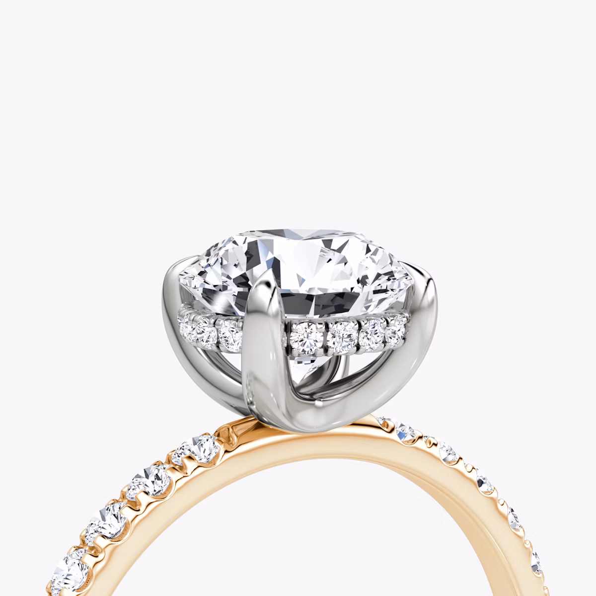 The Classic Hidden Halo | Round Brilliant | 14k | Rose Gold and Platinum | bandAccent: Pavé | bandWidth: large | caratWeight: 1.5ct | prongStyle: Plain | diamondOrientation: vertical