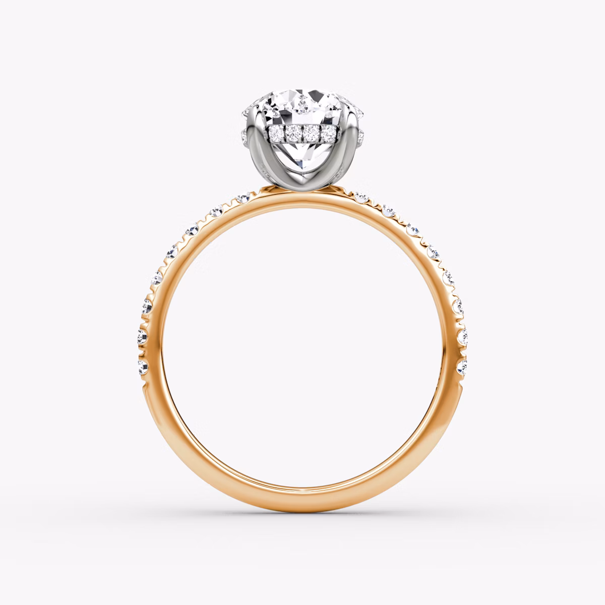 The Classic Hidden Halo | Round Brilliant | 14k | Rose Gold and Platinum | bandAccent: Pavé | bandWidth: large | caratWeight: 1.5ct | prongStyle: Plain | diamondOrientation: vertical