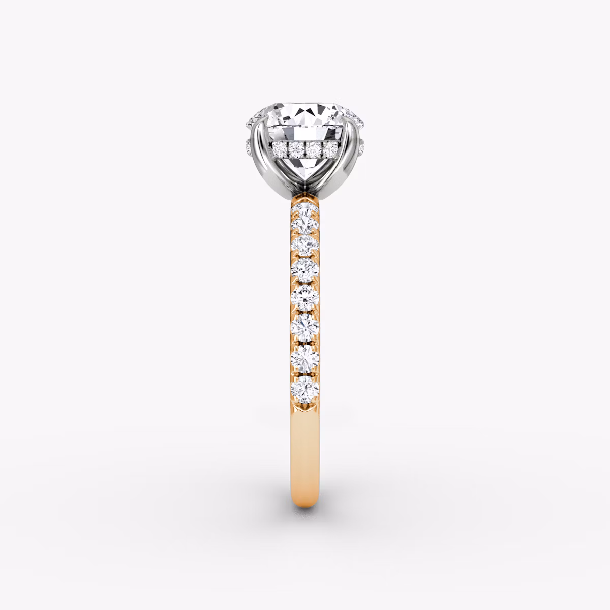 The Classic Hidden Halo | Round Brilliant | 14k | Rose Gold and Platinum | bandAccent: Pavé | bandWidth: large | caratWeight: 1.5ct | prongStyle: Plain | diamondOrientation: vertical