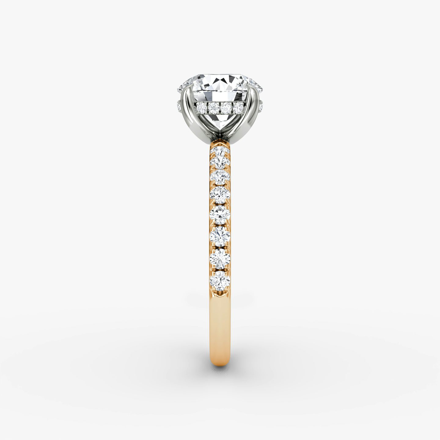 The Classic Hidden Halo | Round Brilliant | 14k | Rose Gold | bandAccent: Pavé | bandWidth: large | caratWeight: 1.0ct | prongStyle: Plain | diamondOrientation: vertical
