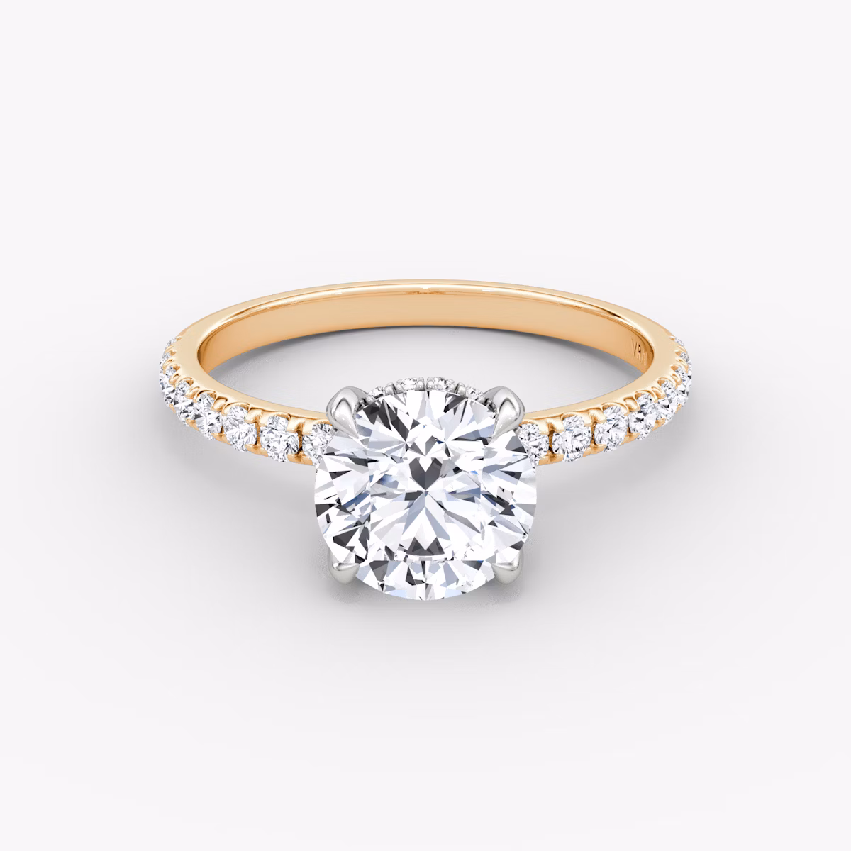 The Classic Hidden Halo | Round Brilliant | 14k | Rose Gold and Platinum | bandAccent: Pavé | bandWidth: large | caratWeight: 1.5ct | prongStyle: Plain | diamondOrientation: vertical