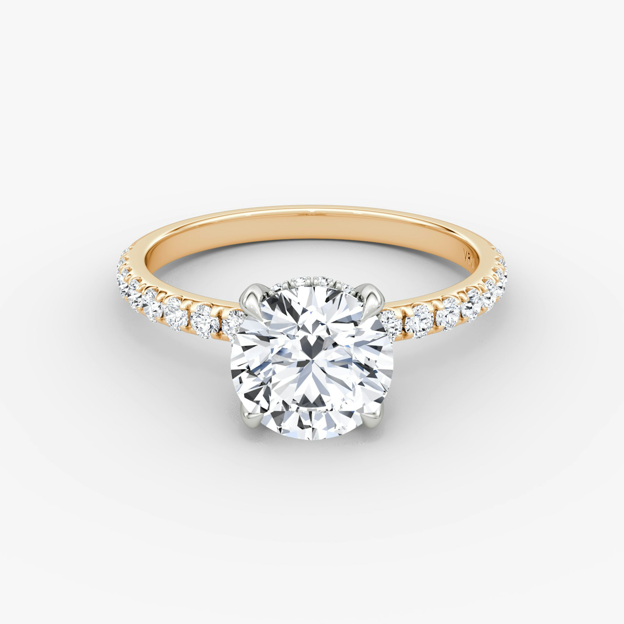 The Classic Hidden Halo | Round Brilliant | 14k | Rose Gold and Platinum | bandAccent: Pavé | bandWidth: large | caratWeight: other | prongStyle: Plain | diamondOrientation: vertical