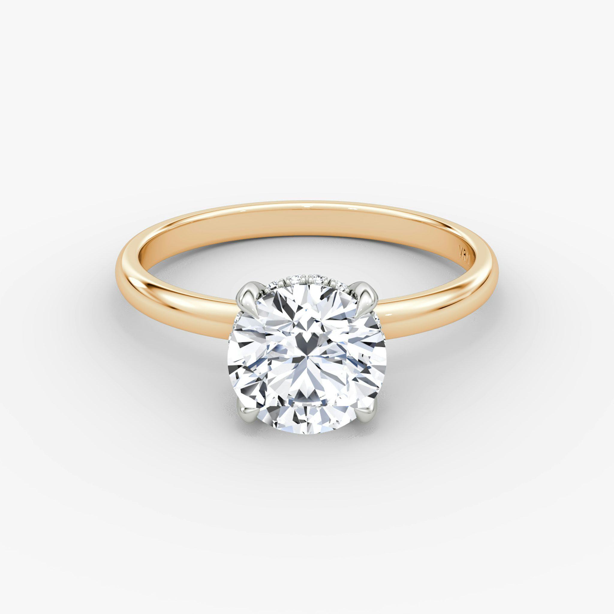 The Classic Hidden Halo | Round Brilliant | 14k | Rose Gold and Platinum | bandAccent: Plain | bandWidth: large | caratWeight: 1.0ct | prongStyle: Plain | diamondOrientation: vertical