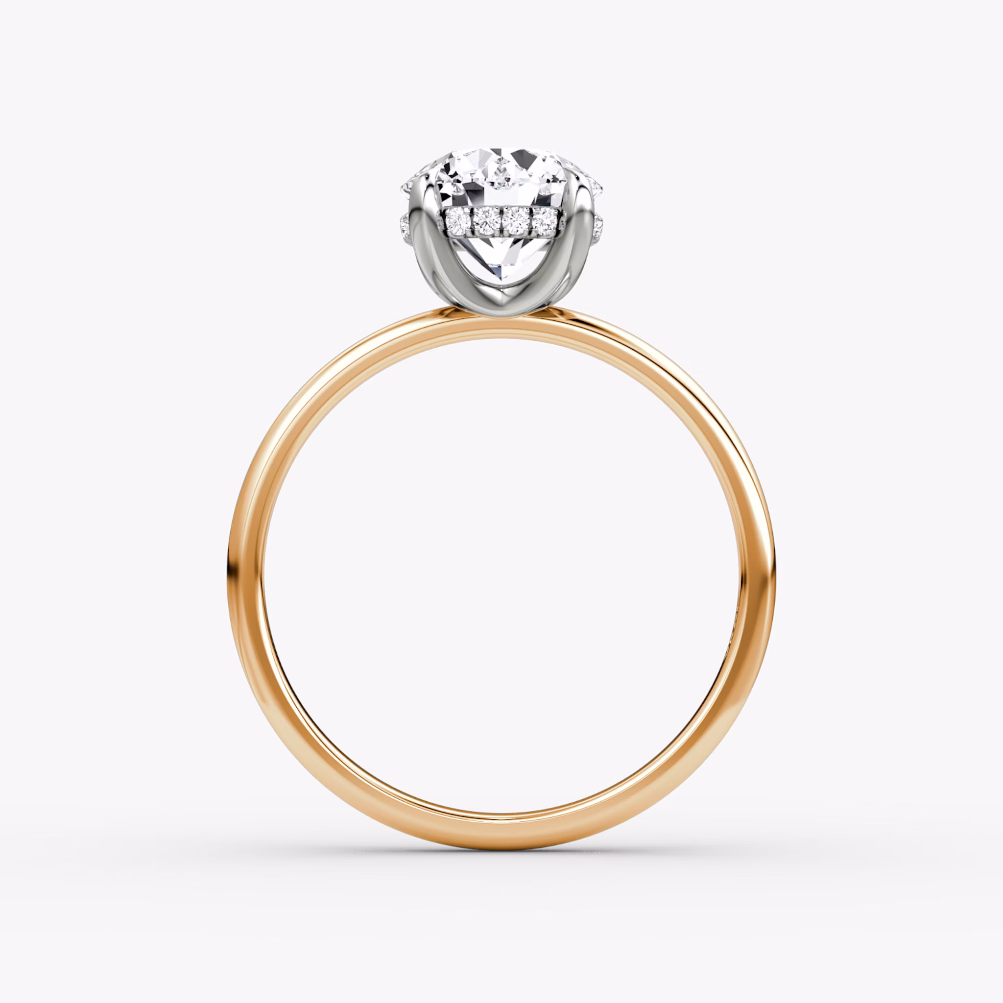 The Classic Hidden Halo | Round Brilliant | 14k | Rose Gold and Platinum | bandAccent: Plain | bandWidth: large | caratWeight: 1.0ct | prongStyle: Plain | diamondOrientation: vertical