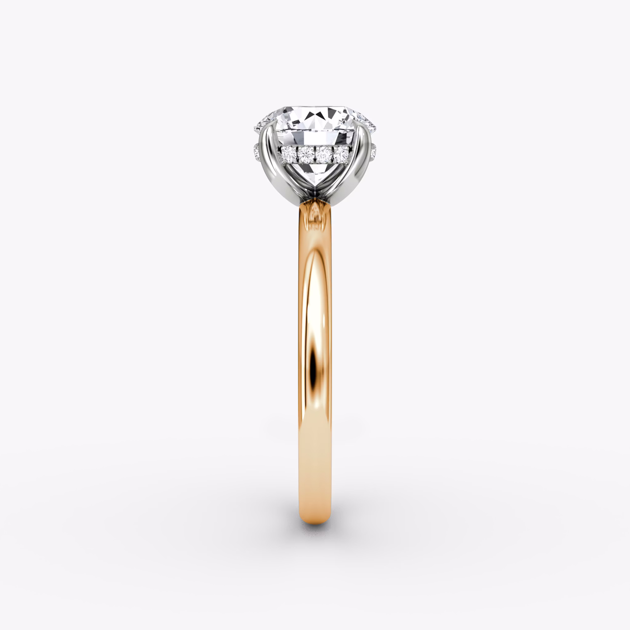 The Classic Hidden Halo | Round Brilliant | 14k | Rose Gold and Platinum | bandAccent: Plain | bandWidth: large | caratWeight: 1.0ct | prongStyle: Plain | diamondOrientation: vertical