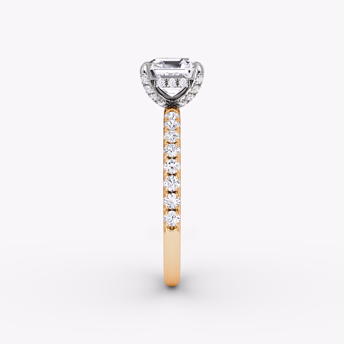 The Classic Hidden Halo | Asscher | 14k | Rose Gold and Platinum | bandAccent: Pavé | bandWidth: large | prongStyle: Pavé | diamondOrientation: vertical | caratWeight: other