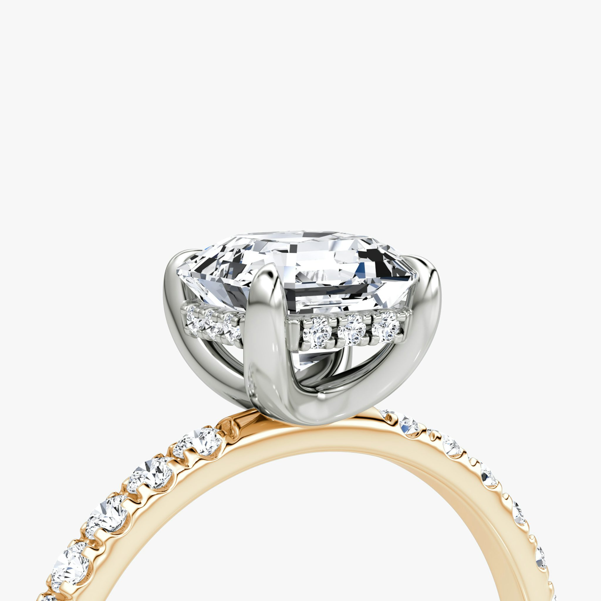 The Classic Hidden Halo | Asscher | 14k | Rose Gold and Platinum | bandAccent: Pavé | bandWidth: large | prongStyle: Plain | diamondOrientation: vertical | caratWeight: other