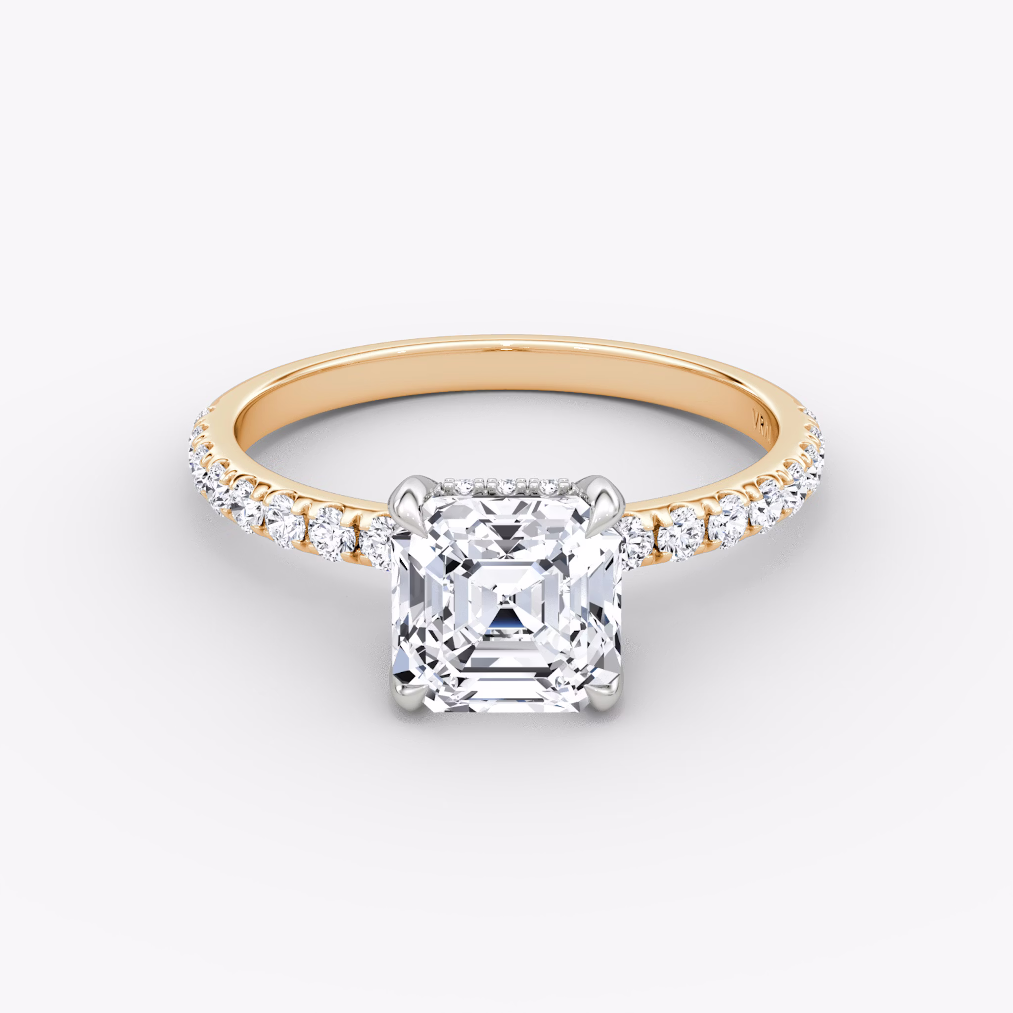 The Classic Hidden Halo | Asscher | 14k | Rose Gold and Platinum | bandAccent: Pavé | bandWidth: large | prongStyle: Plain | diamondOrientation: vertical | caratWeight: other
