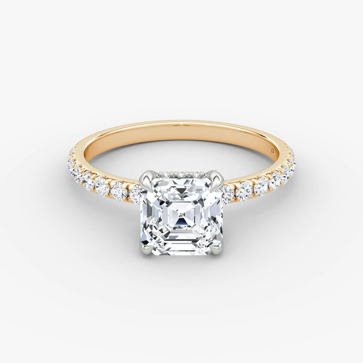 The Classic Hidden Halo | Asscher | 14k | Rose Gold and Platinum | bandAccent: Pavé | bandWidth: large | prongStyle: Plain | diamondOrientation: vertical | caratWeight: other