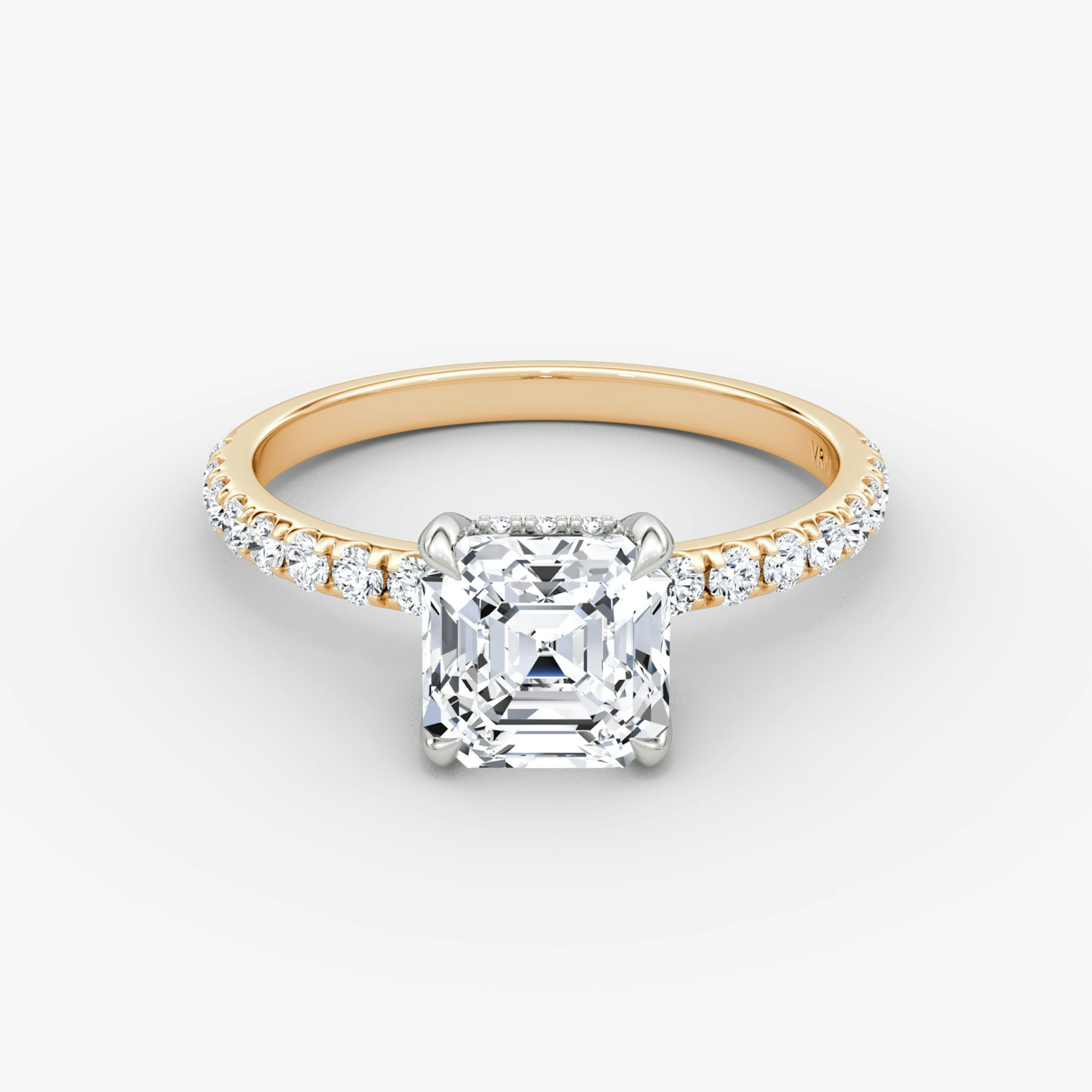 The Classic Hidden Halo | Asscher | 14k | Rose Gold and Platinum | bandAccent: Pavé | bandWidth: large | prongStyle: Plain | diamondOrientation: vertical | caratWeight: other