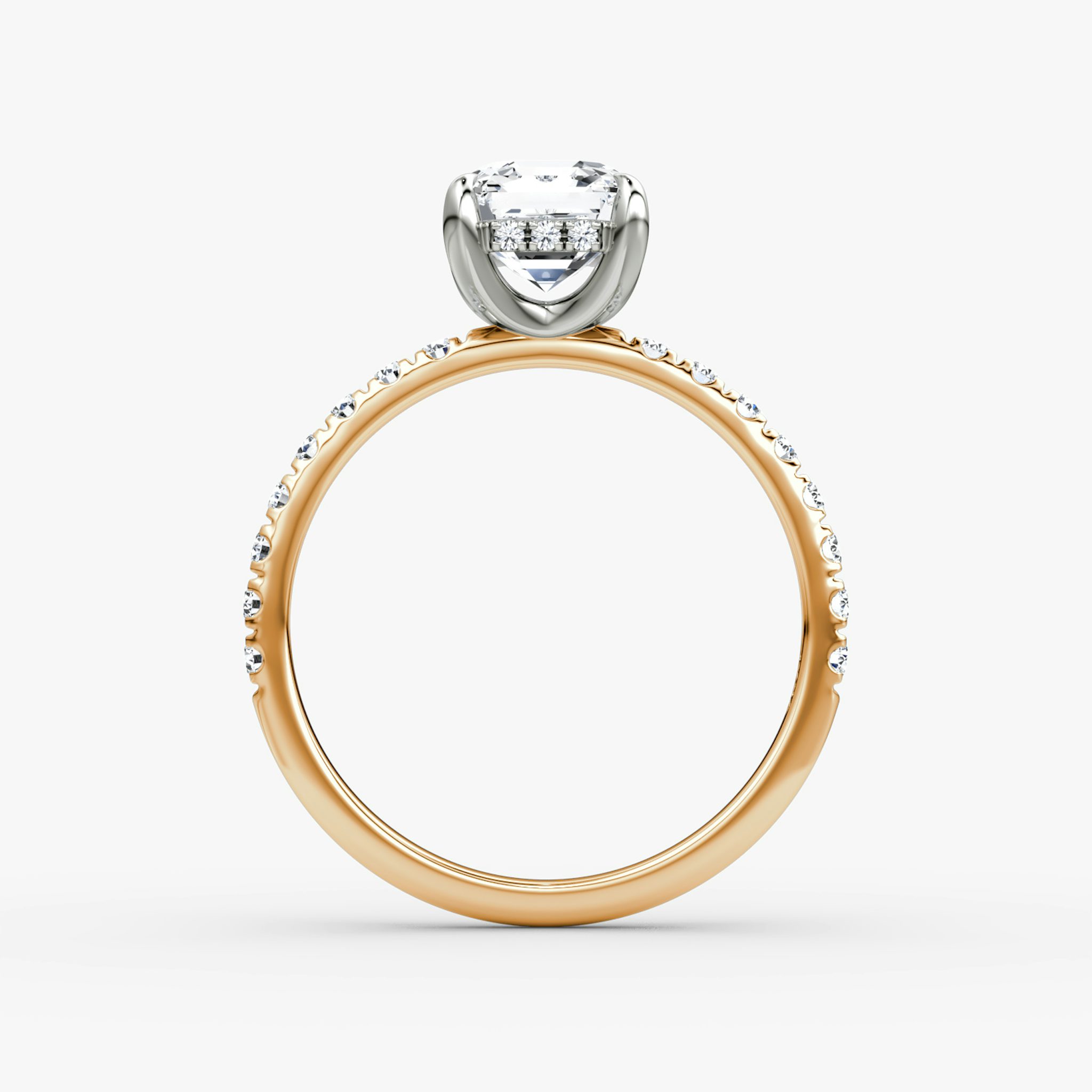 The Classic Hidden Halo | Asscher | 14k | Rose Gold and Platinum | bandAccent: Pavé | bandWidth: large | prongStyle: Plain | diamondOrientation: vertical | caratWeight: other