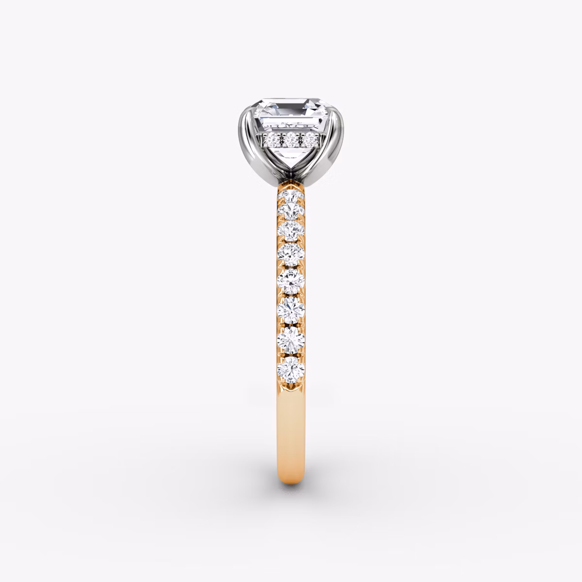 The Classic Hidden Halo | Asscher | 14k | Rose Gold and Platinum | bandAccent: Pavé | bandWidth: large | prongStyle: Plain | diamondOrientation: vertical | caratWeight: other