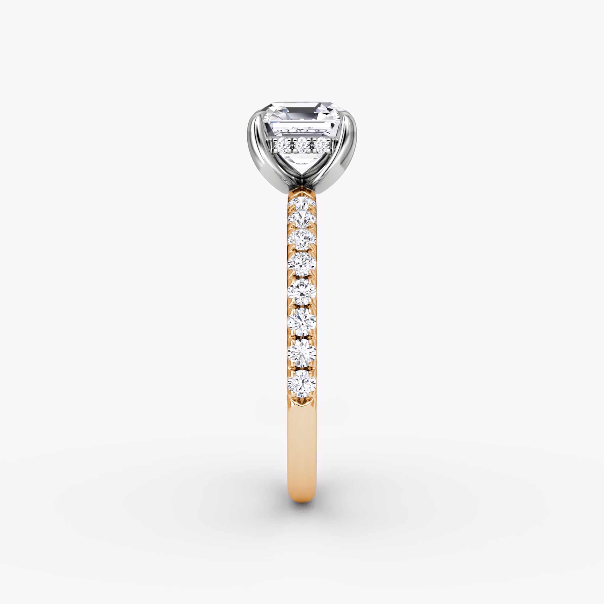 The Classic Hidden Halo | Asscher | 14k | Rose Gold and Platinum | bandAccent: Pavé | bandWidth: large | prongStyle: Plain | diamondOrientation: vertical | caratWeight: other