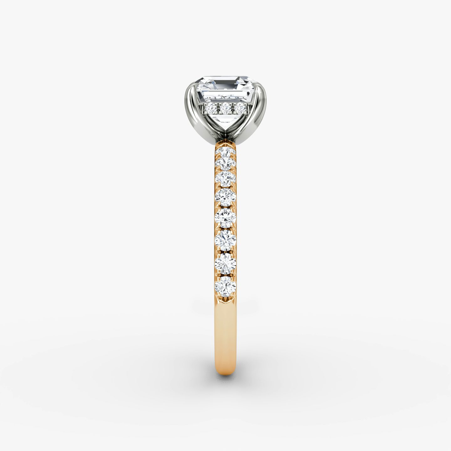 The Classic Hidden Halo | Asscher | 14k | Rose Gold and Platinum | bandAccent: Pavé | bandWidth: large | prongStyle: Plain | diamondOrientation: vertical | caratWeight: other