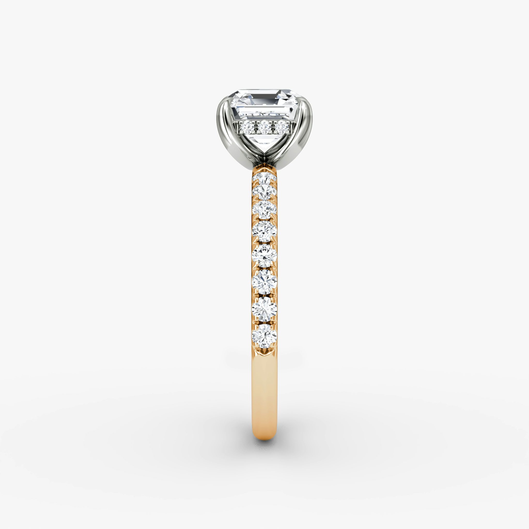 The Classic Hidden Halo | Asscher | 14k | Rose Gold and Platinum | bandAccent: Pavé | bandWidth: large | prongStyle: Plain | diamondOrientation: vertical | caratWeight: other