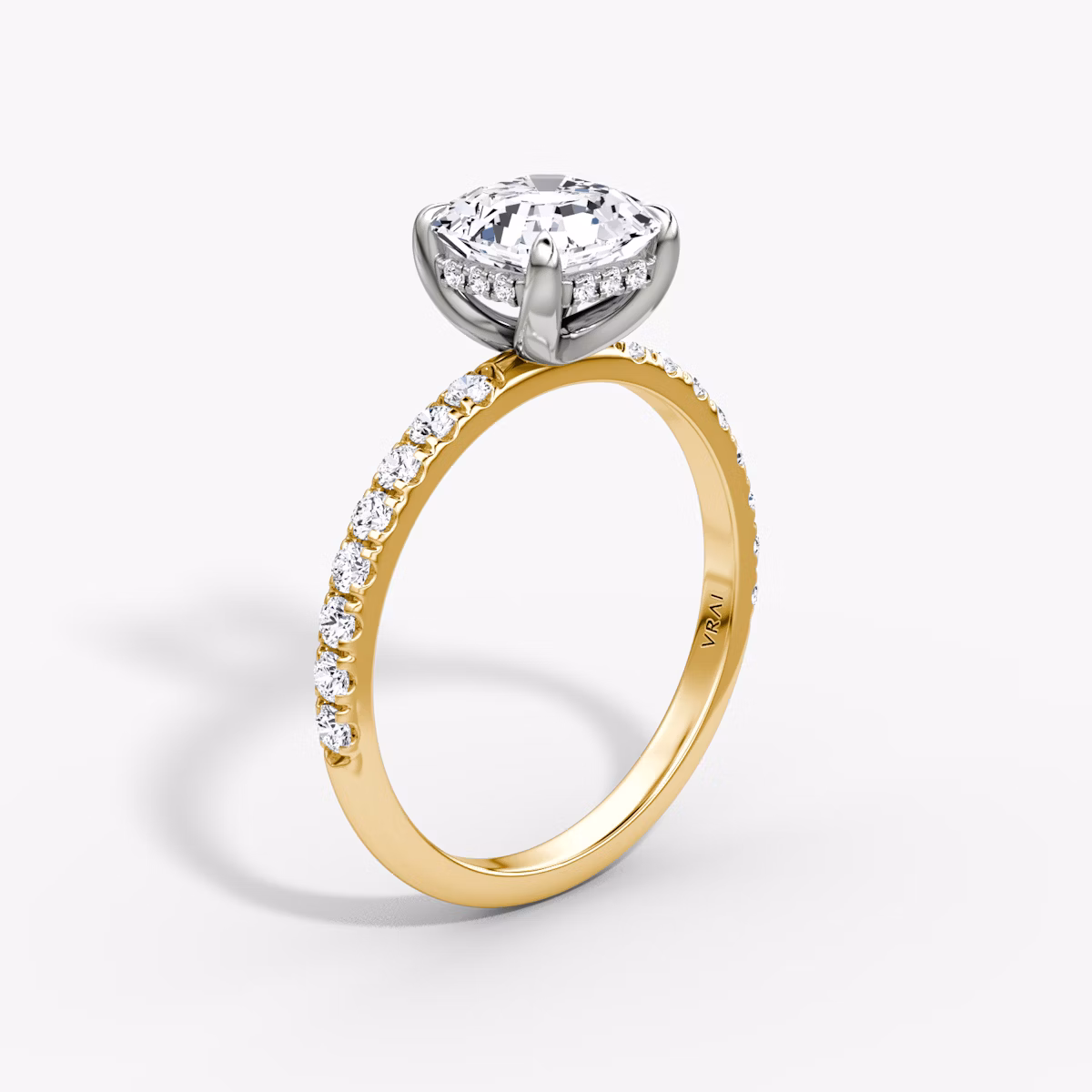 The Classic Hidden Halo | Asscher | 18k | Yellow Gold and Platinum | bandAccent: Pavé | bandWidth: large | prongStyle: Plain | diamondOrientation: vertical | caratWeight: other