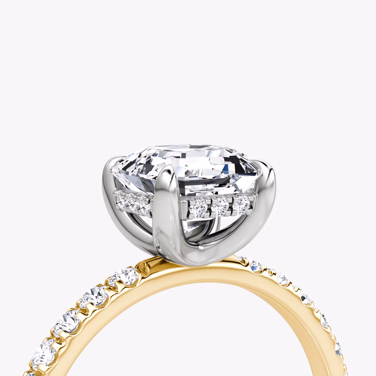 The Classic Hidden Halo | Asscher | 18k | Yellow Gold and Platinum | bandAccent: Pavé | bandWidth: large | prongStyle: Plain | diamondOrientation: vertical | caratWeight: other