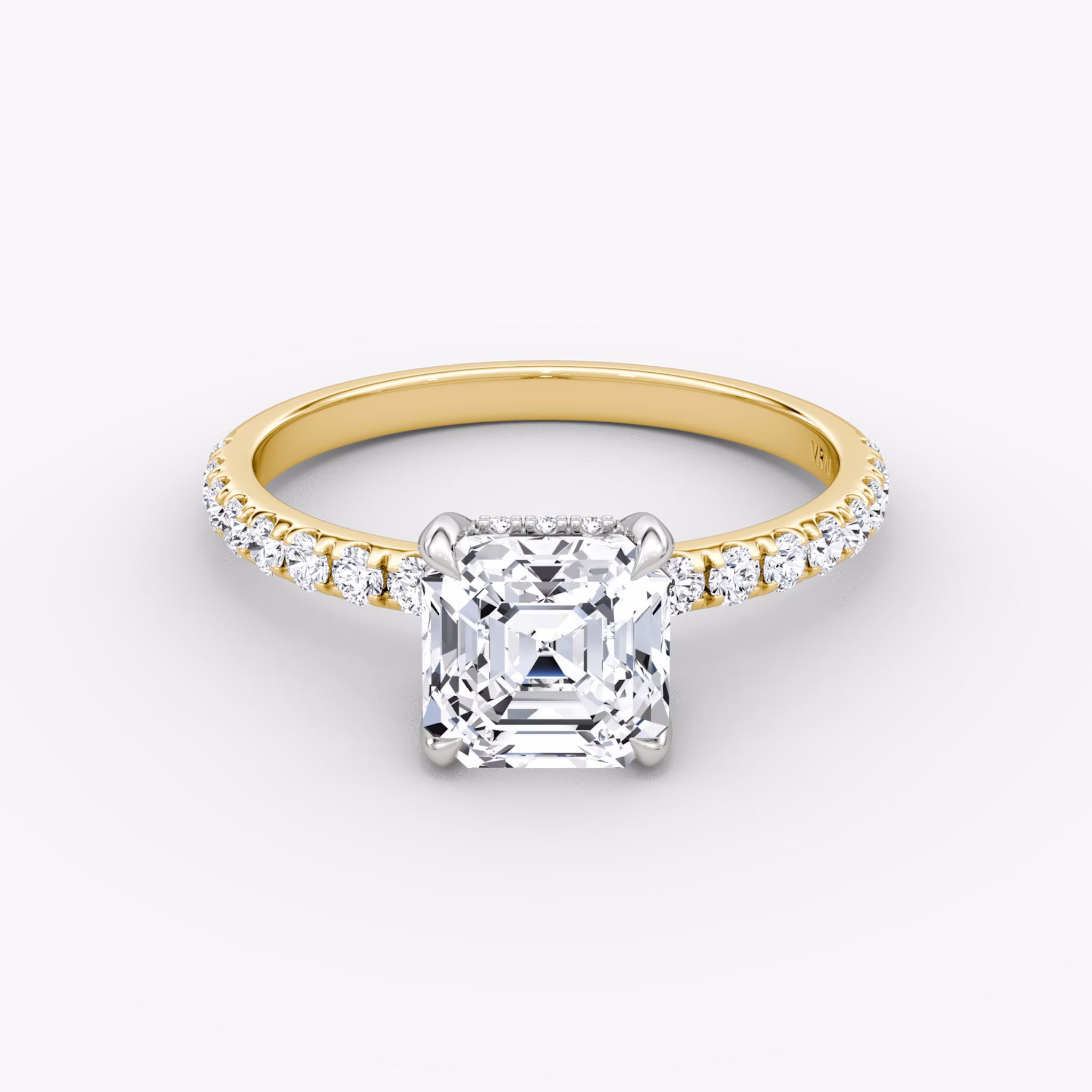 The Classic Hidden Halo | Asscher | 18k | Yellow Gold and Platinum | bandAccent: Pavé | bandWidth: large | prongStyle: Plain | diamondOrientation: vertical | caratWeight: other