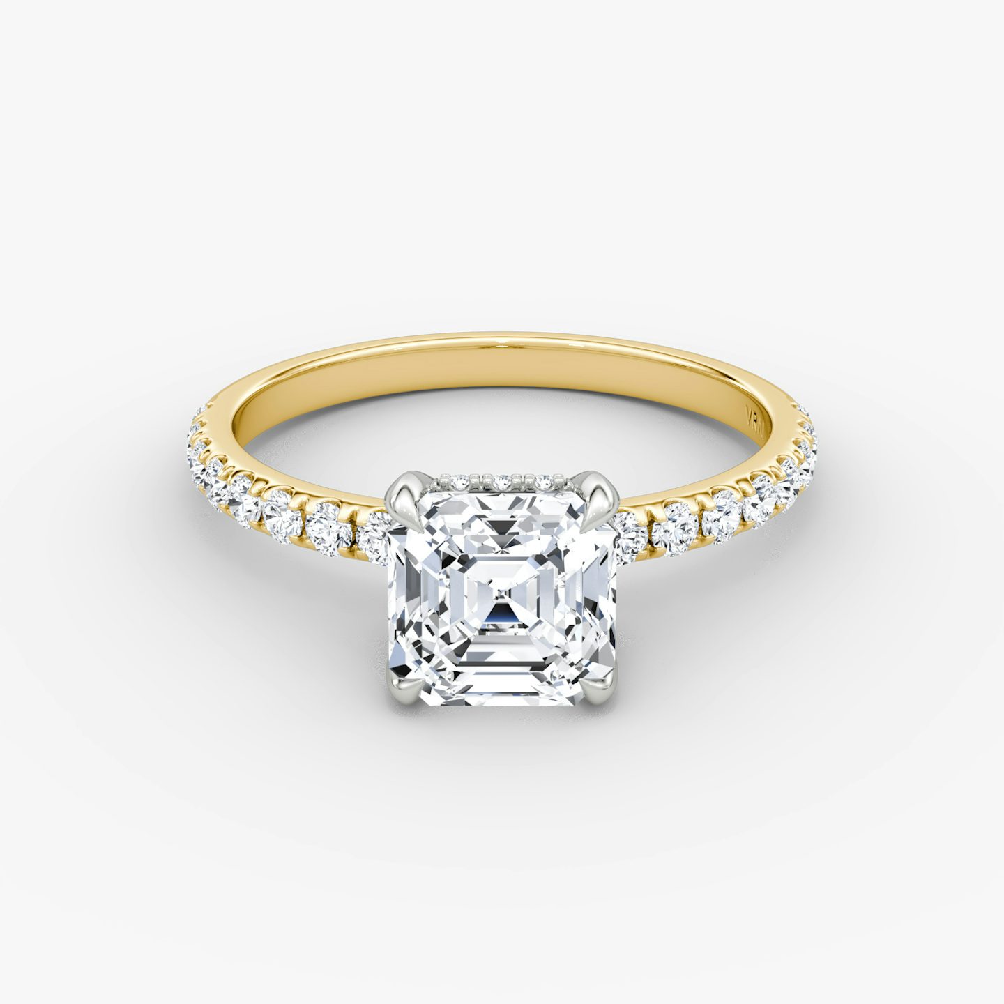 The Classic Hidden Halo | Asscher | 18k | Yellow Gold and Platinum | bandAccent: Pavé | bandWidth: large | prongStyle: Plain | diamondOrientation: vertical | caratWeight: other